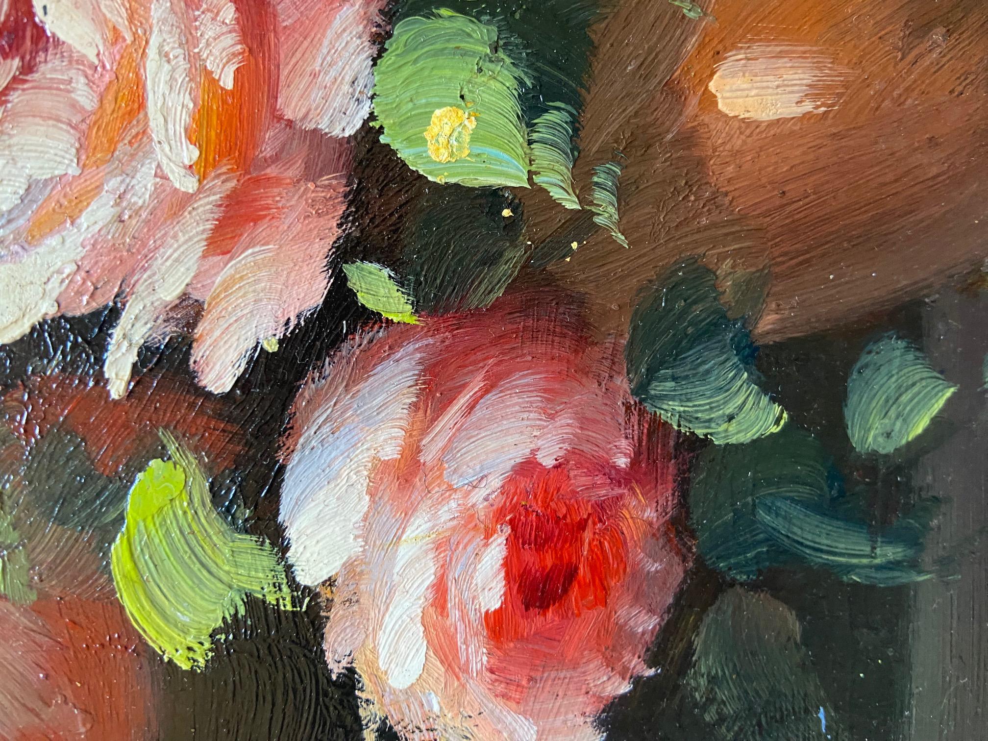 Belge Peter Brooks Nature morte d'un vase de roses roses, peinture à l'huile circa 1960 en vente