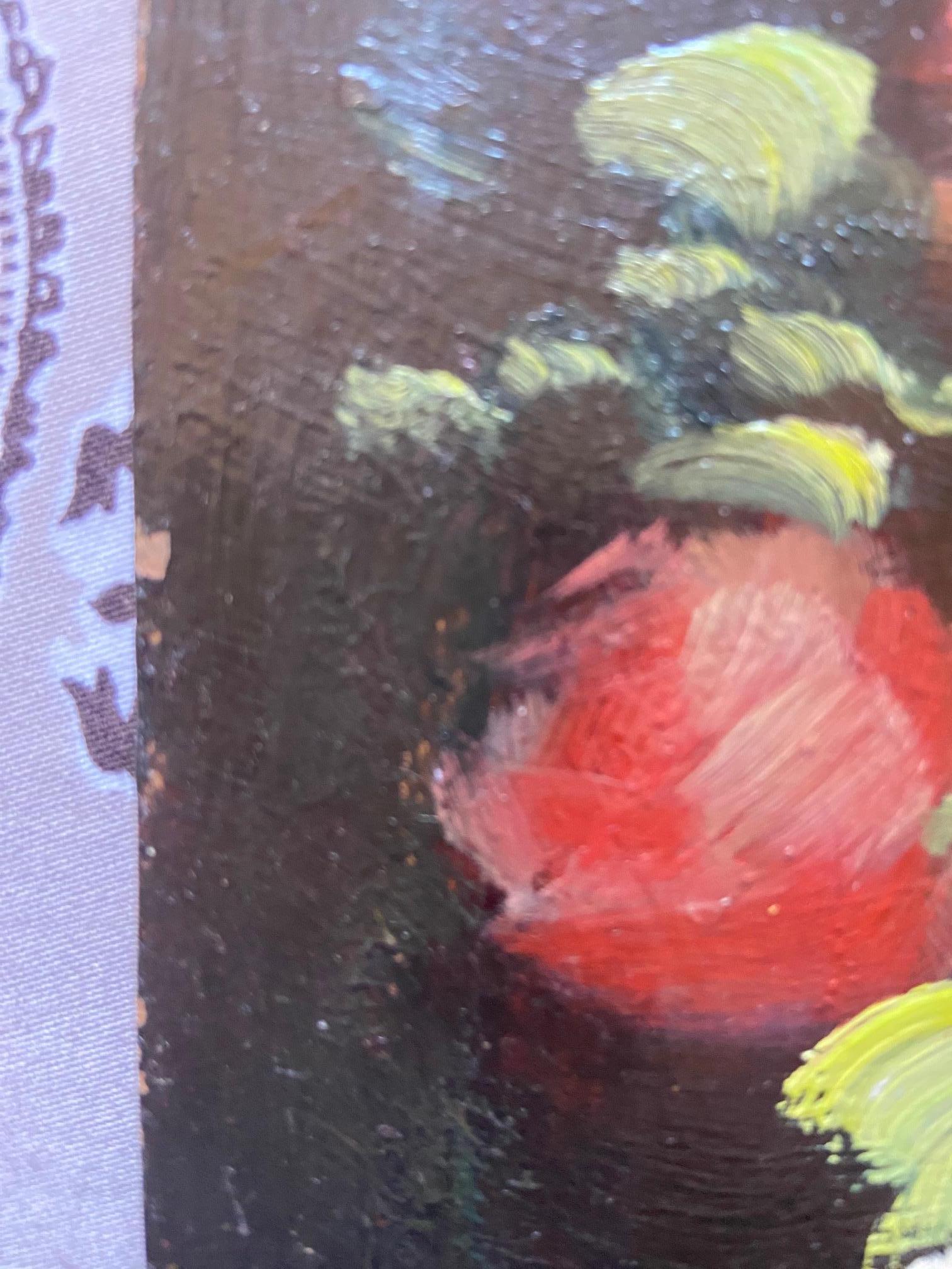 Milieu du XXe siècle Peter Brooks Nature morte d'un vase de roses roses, peinture à l'huile circa 1960 en vente