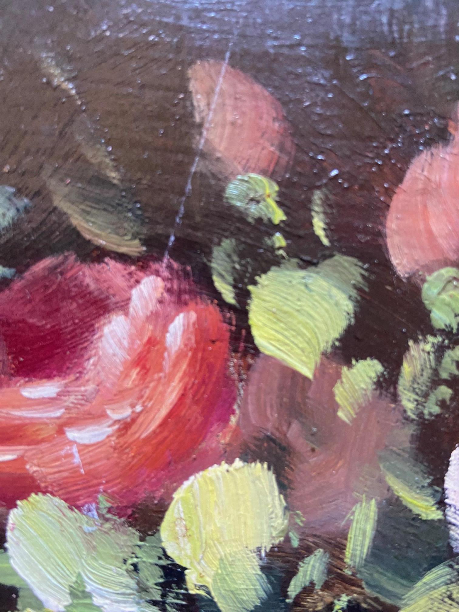 Peinture Peter Brooks Nature morte d'un vase de roses roses, peinture à l'huile circa 1960 en vente