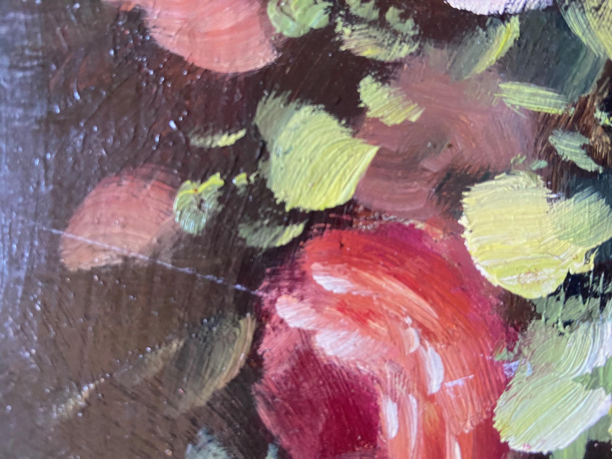Peinture Peter Brooks Nature morte d'un vase de roses roses, peinture à l'huile circa 1960 en vente