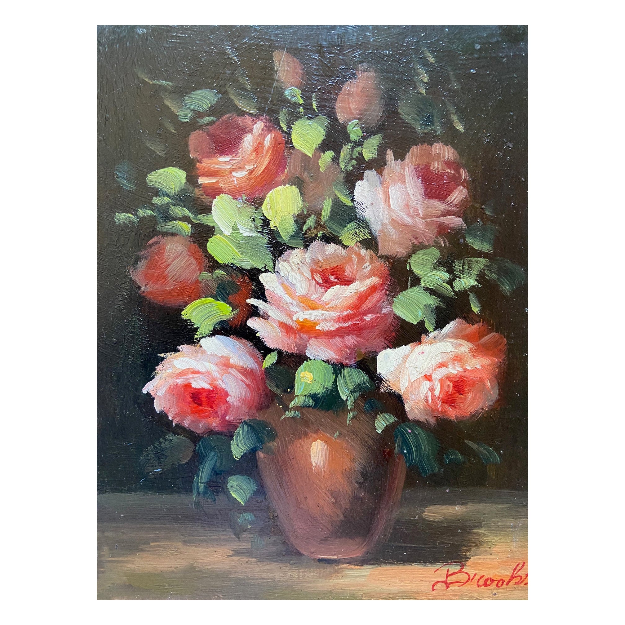 Peter Brooks Stillleben einer Vase mit rosa Rosen, Ölgemälde um 1960