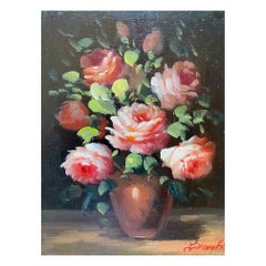 Peter Brooks Stillleben einer Vase mit rosa Rosen, Ölgemälde um 1960