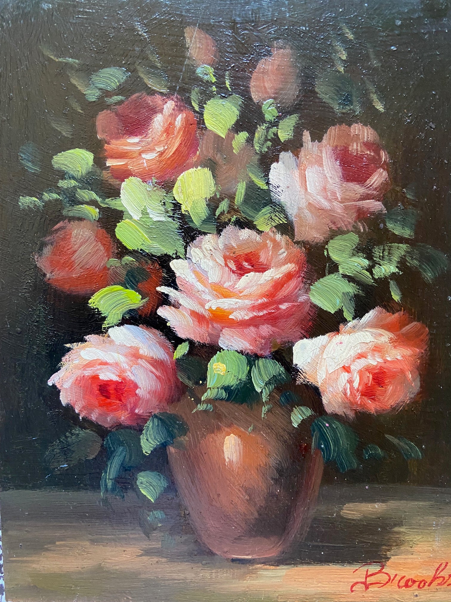 Peter Brooks Nature morte d'un vase de roses roses, peinture à l'huile circa 1960 en vente