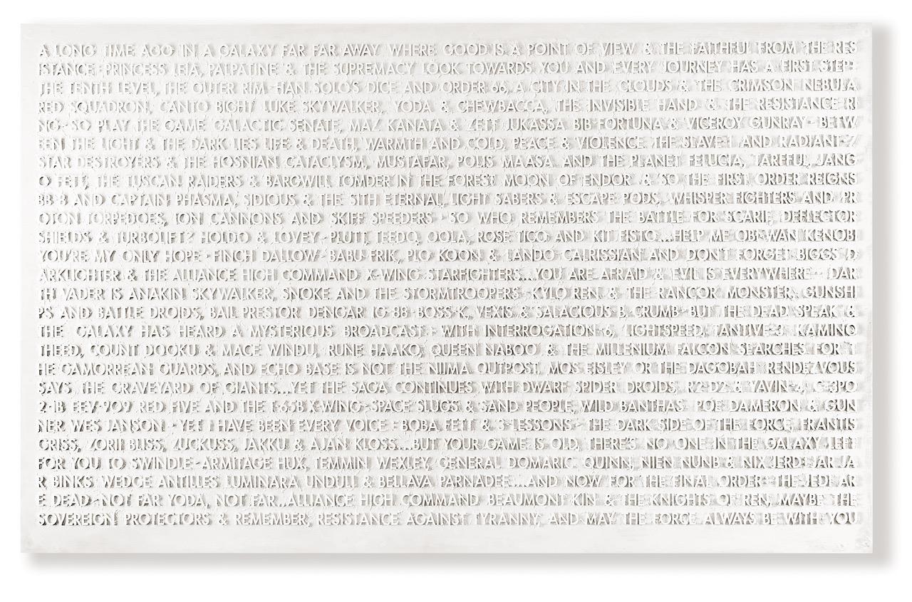Contemporary New York artist Peter Buchman's 'Star Wars' is created using laser-cut plexiglass, acrylic medium, and enamel on wood. It's part of his Voice-Over series, in which the artist gathers linguistic phrases to immortalize the valuable