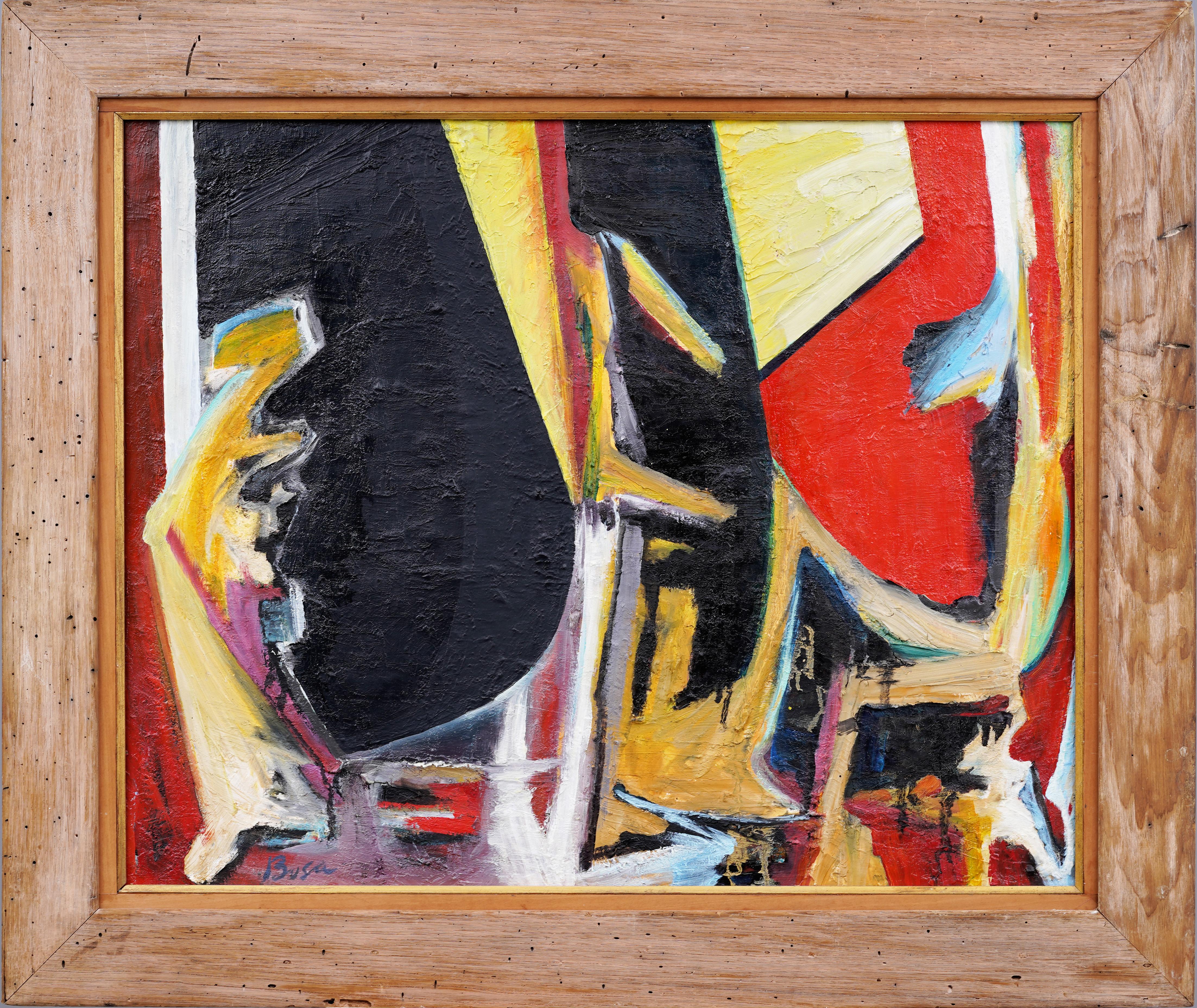 Very impressive early abstract painting by Peter Busa (1914 - 1985).  Oil on canvas.  Signed lower left.  Housed in a period modernist frame.  