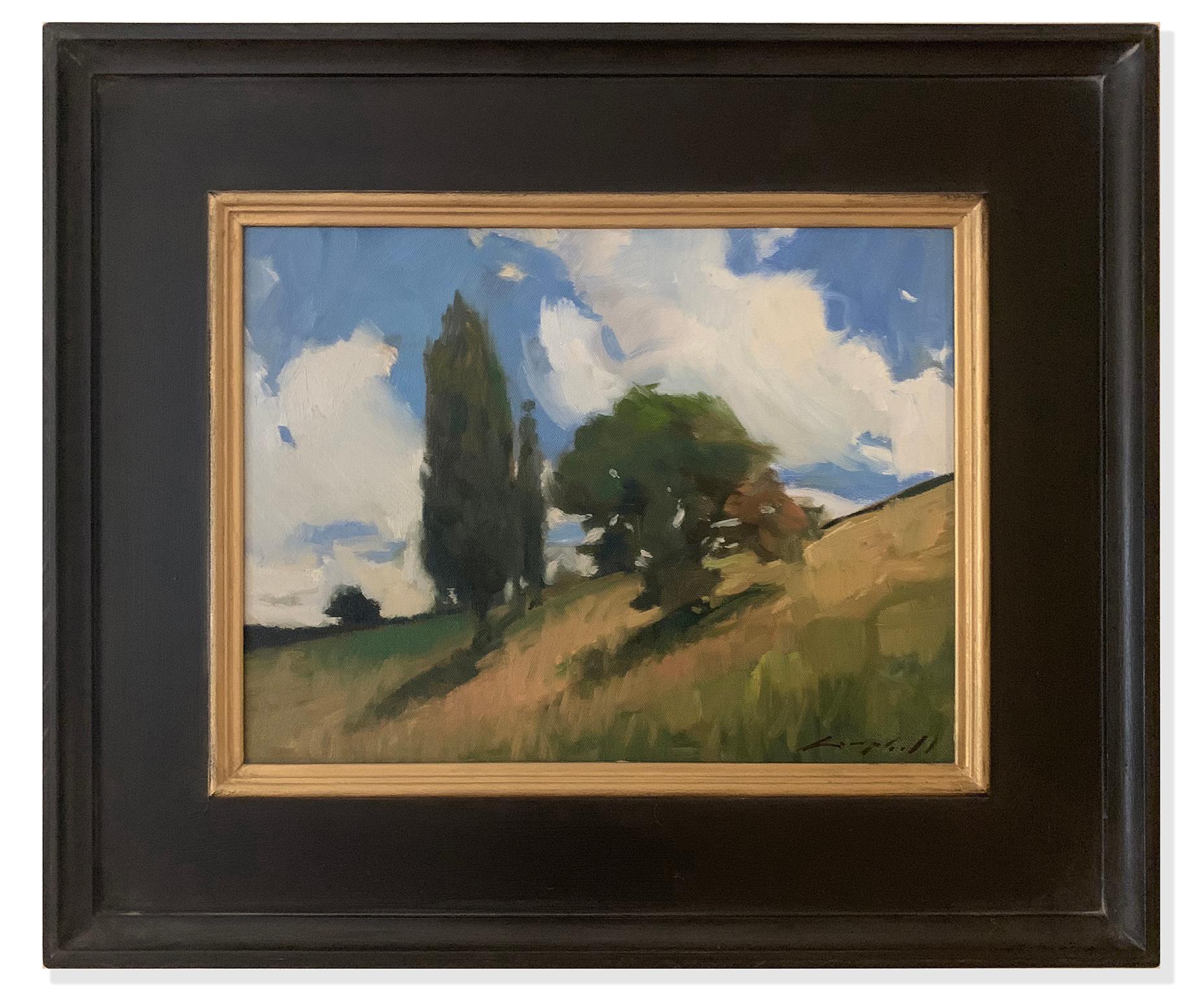 Hillside (big sky, lush trees, golden grass) - Painting by Peter Campbell
