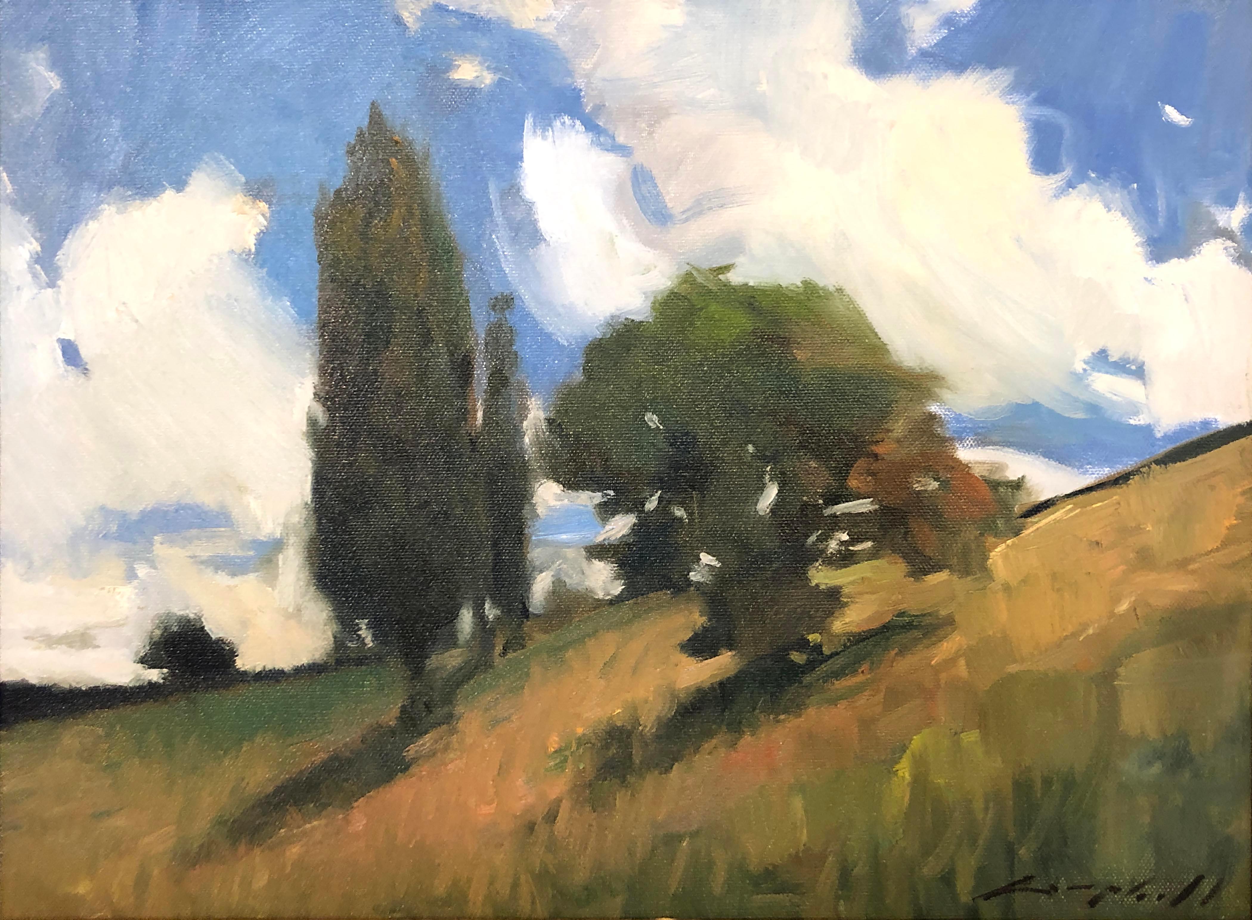 Peter Campbell Landscape Painting - Hillside (big sky, lush trees, golden grass)