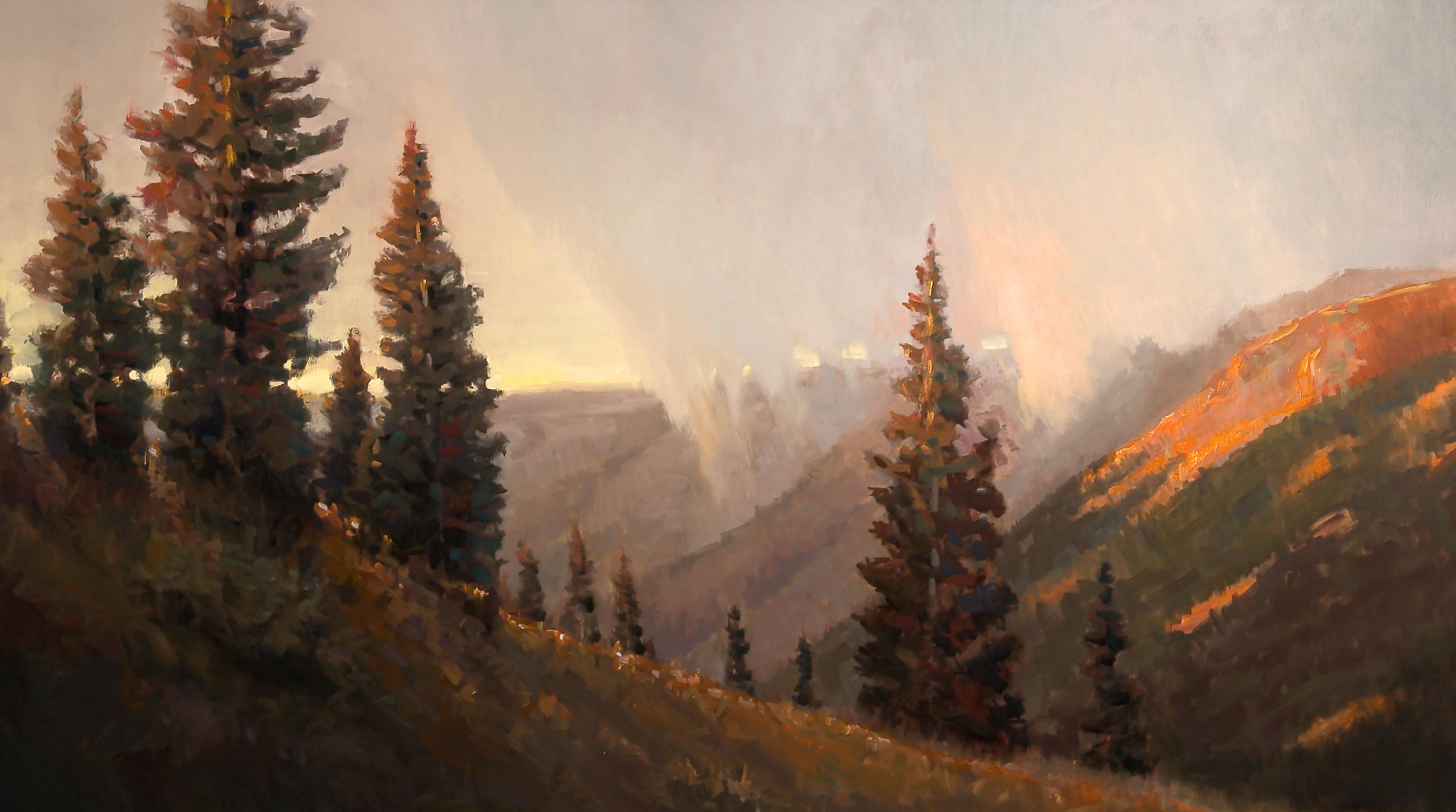 Peter Campbell Landscape Painting - Red Mountain Pass (landscape, mountains, sunlight, autumn)