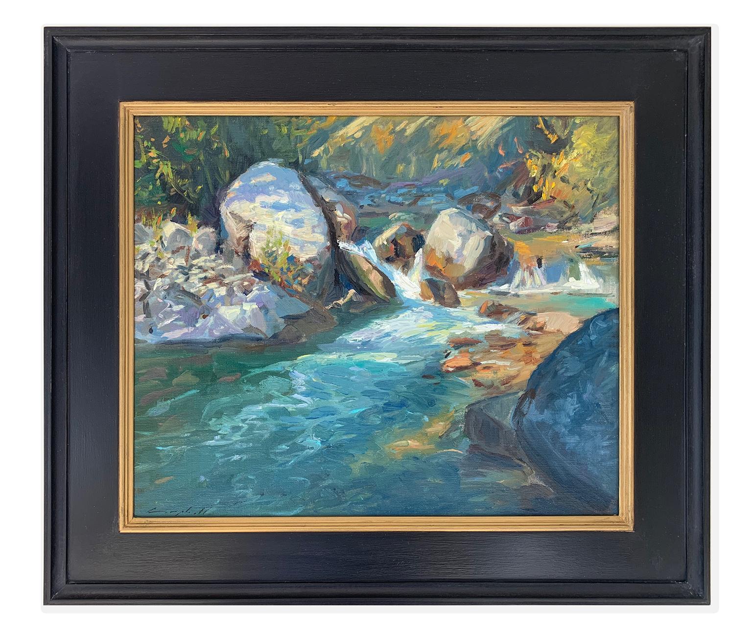 Summer Creek (turquoise water, cascades, boulders, lush evergreens) - Painting by Peter Campbell