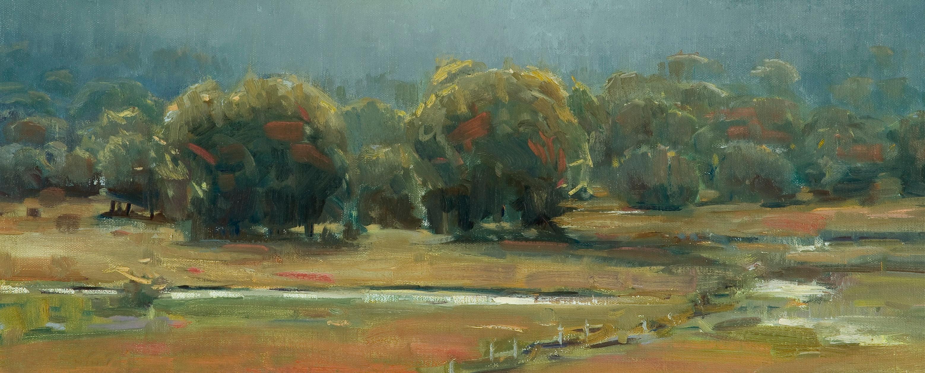 Peter Campbell Landscape Painting - The Animas Valley (abstract, river, fence, lush trees)