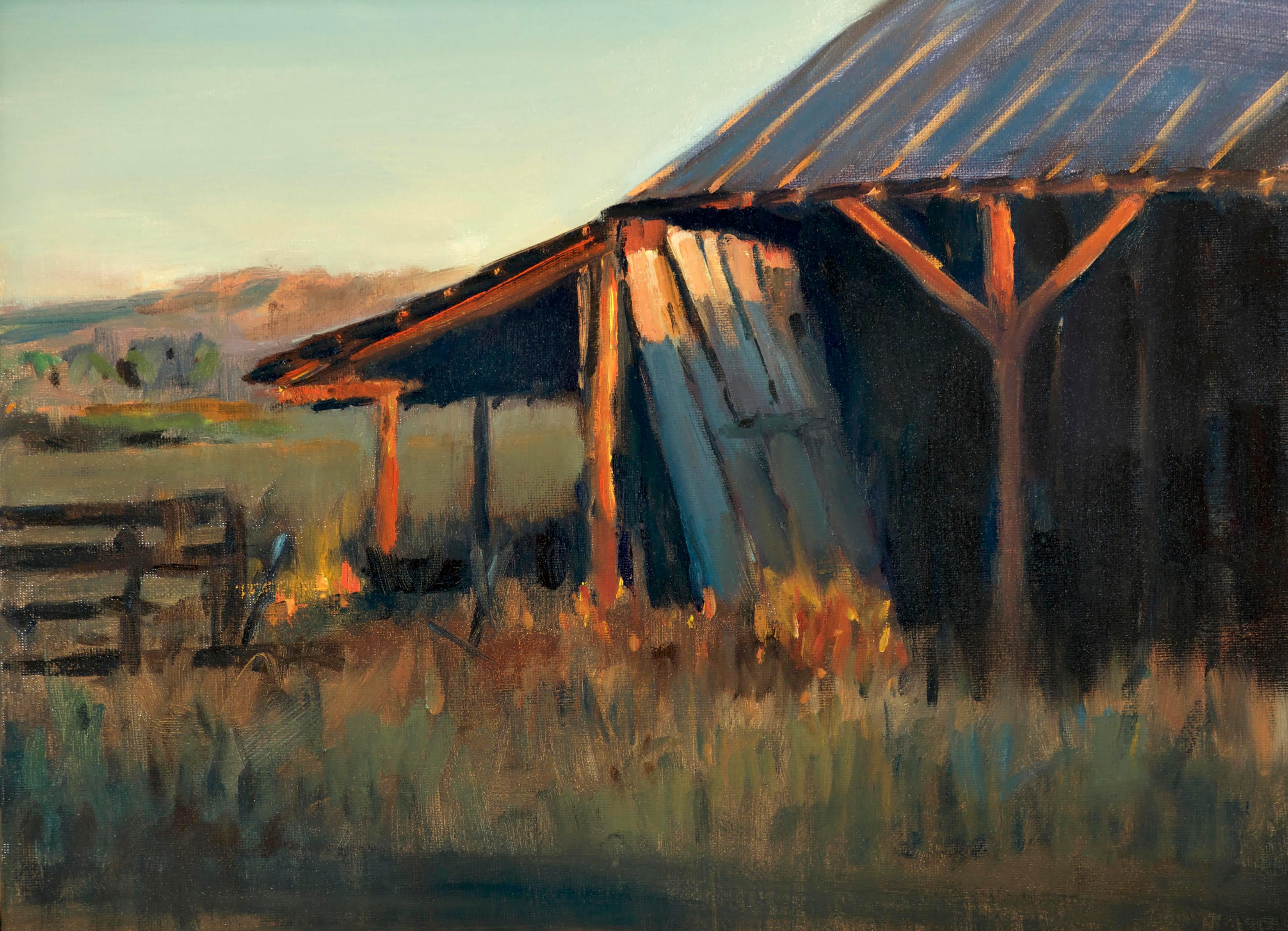 Peter Campbell Landscape Painting - The Neighbor's Barn (rustic, reds, luminous)