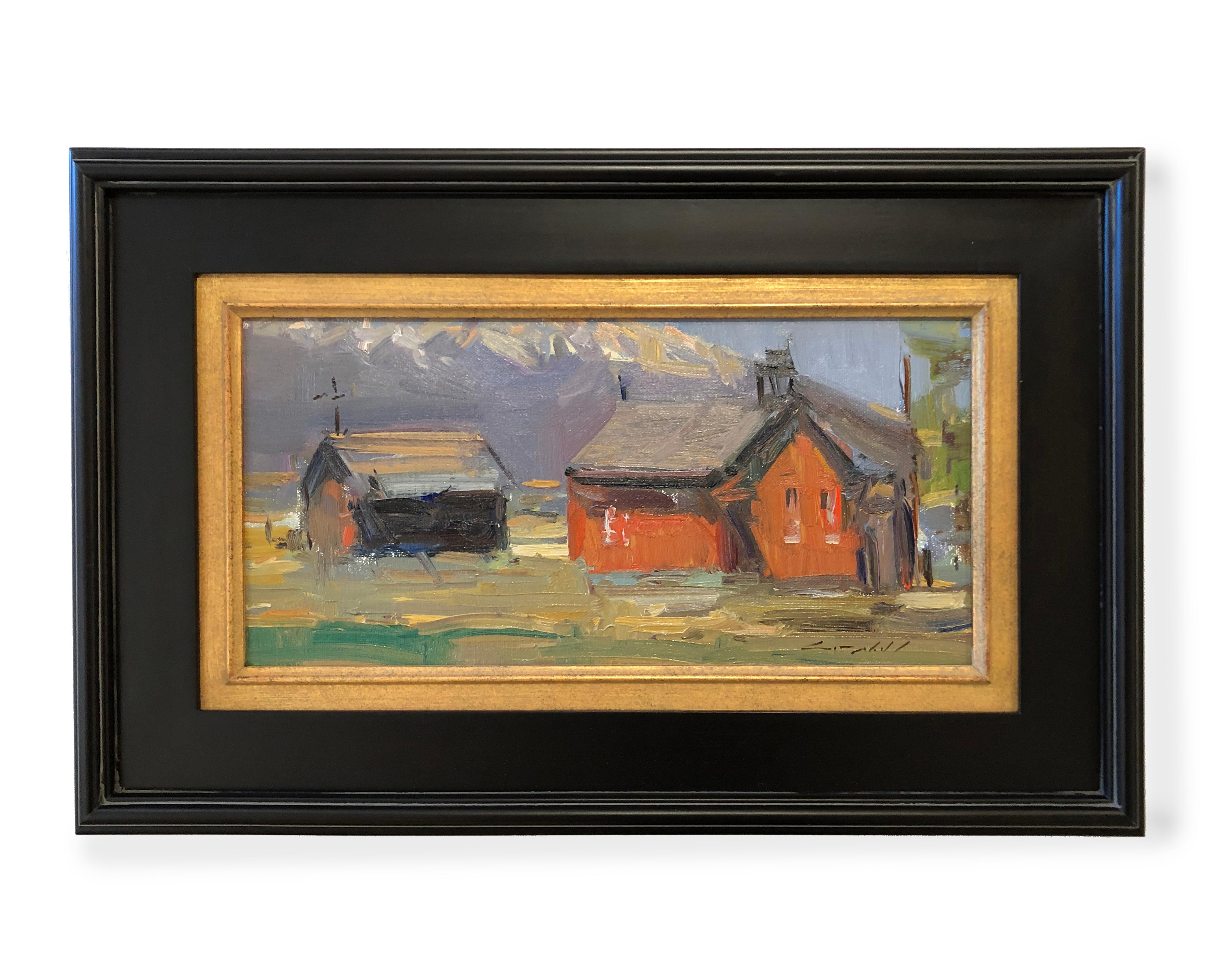 The Red Schoolhouse (abstract, historic, mountain town) - Painting by Peter Campbell