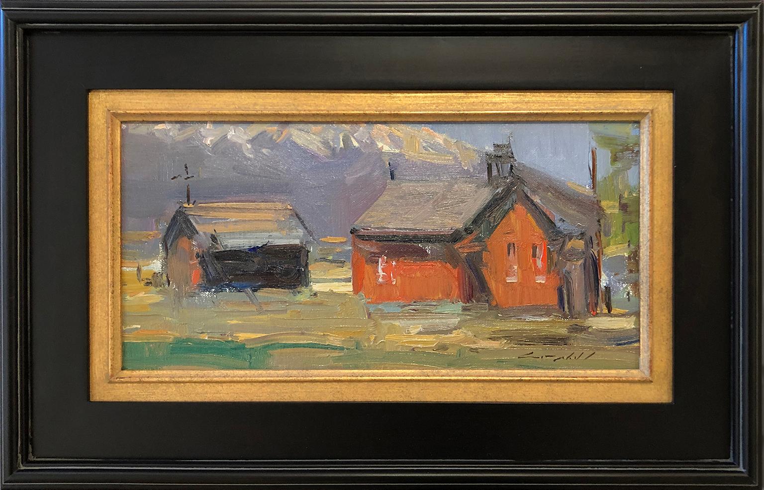 Peter Campbell Landscape Painting - The Red Schoolhouse (abstract, historic, mountain town)