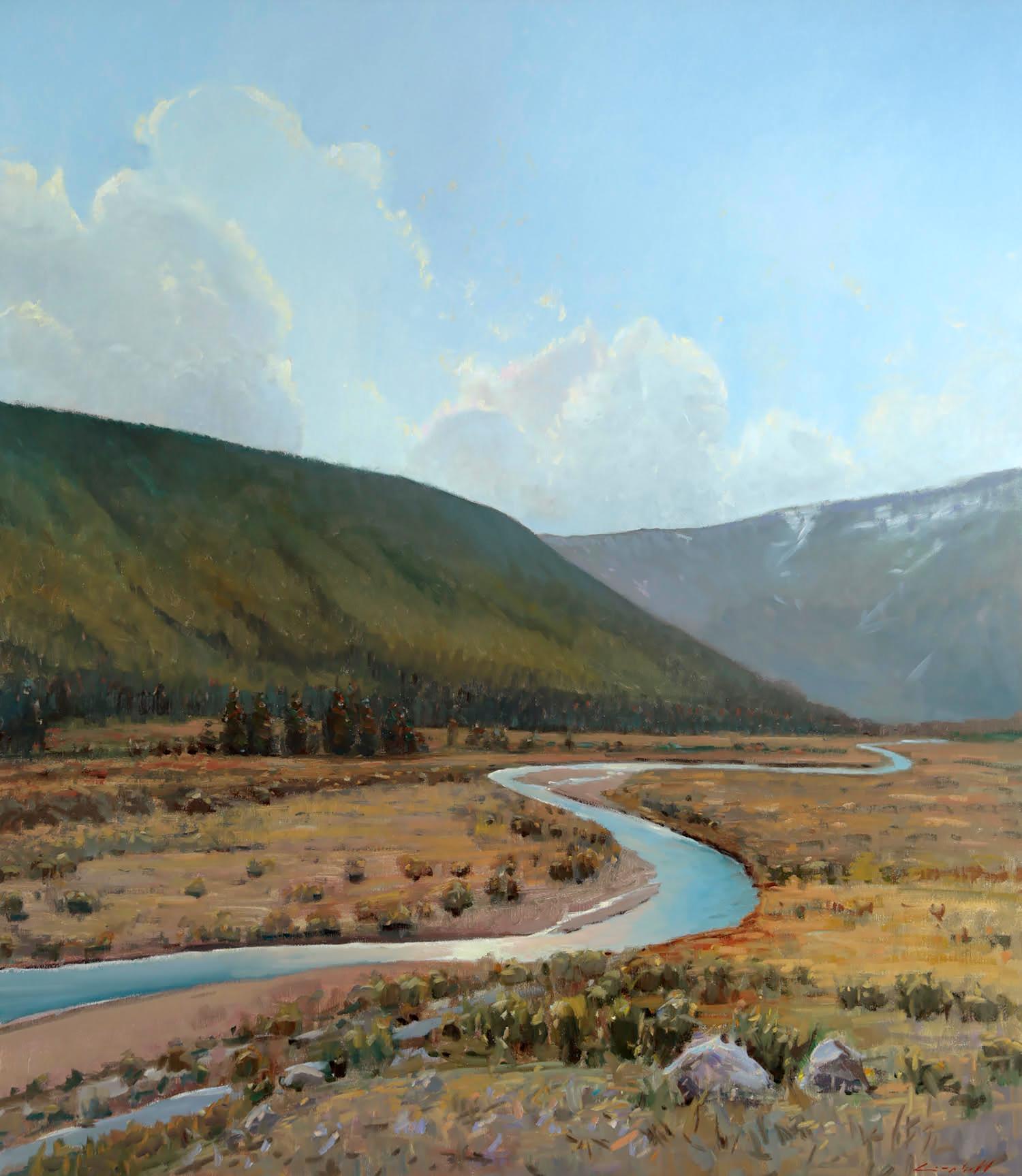 Peter Campbell Landscape Painting - Winding River (landscape, lush mountains, a story to tell)
