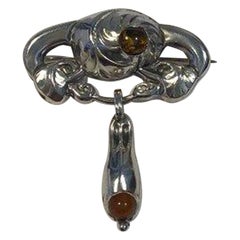 Peter Christian Jensen Art Nouveau Silver Brooch with Amber