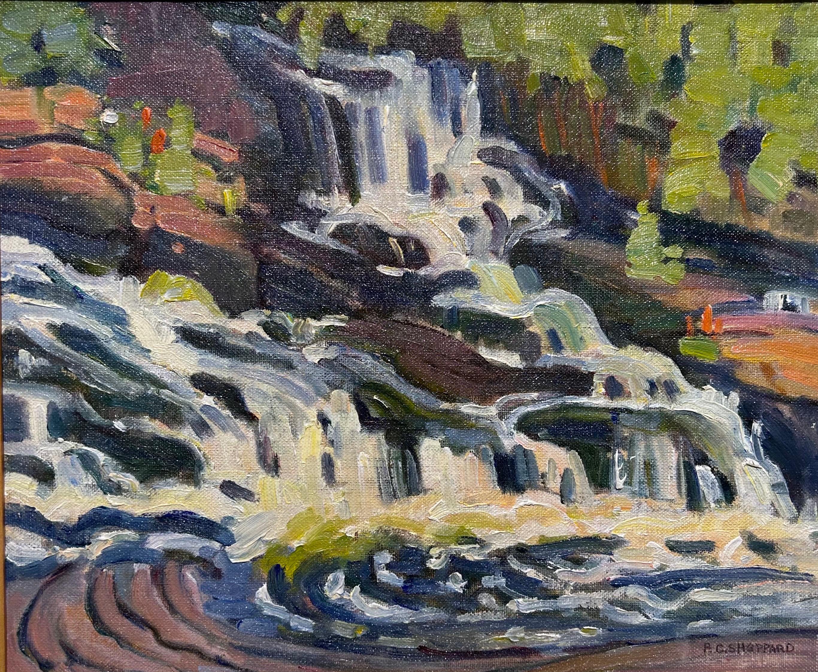 'Mathias Falls, Muskoka' 20th Century Landscape Oil Painting - Brown Landscape Painting by Peter Clapham Sheppard
