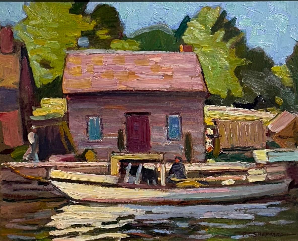 „Parry Sound Docks“, kleine Stadt, Ölgemälde, 20. Jahrhundert – Painting von Peter Clapham Sheppard