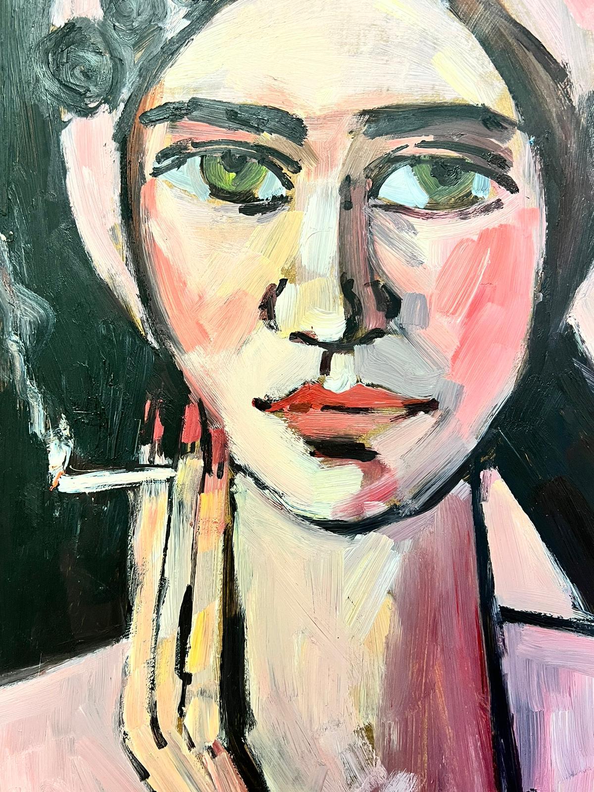 Quadro ad olio Modern British Ritratto di Lady Pink che fuma la sigaretta - Painting di Peter Collins ARCA