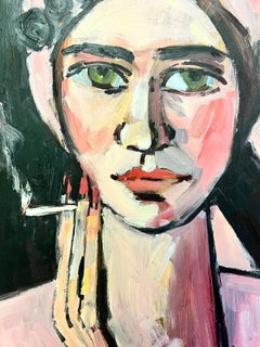 Modern British Oil Painting Portrait of Lady in Pink Smoking Cigarette