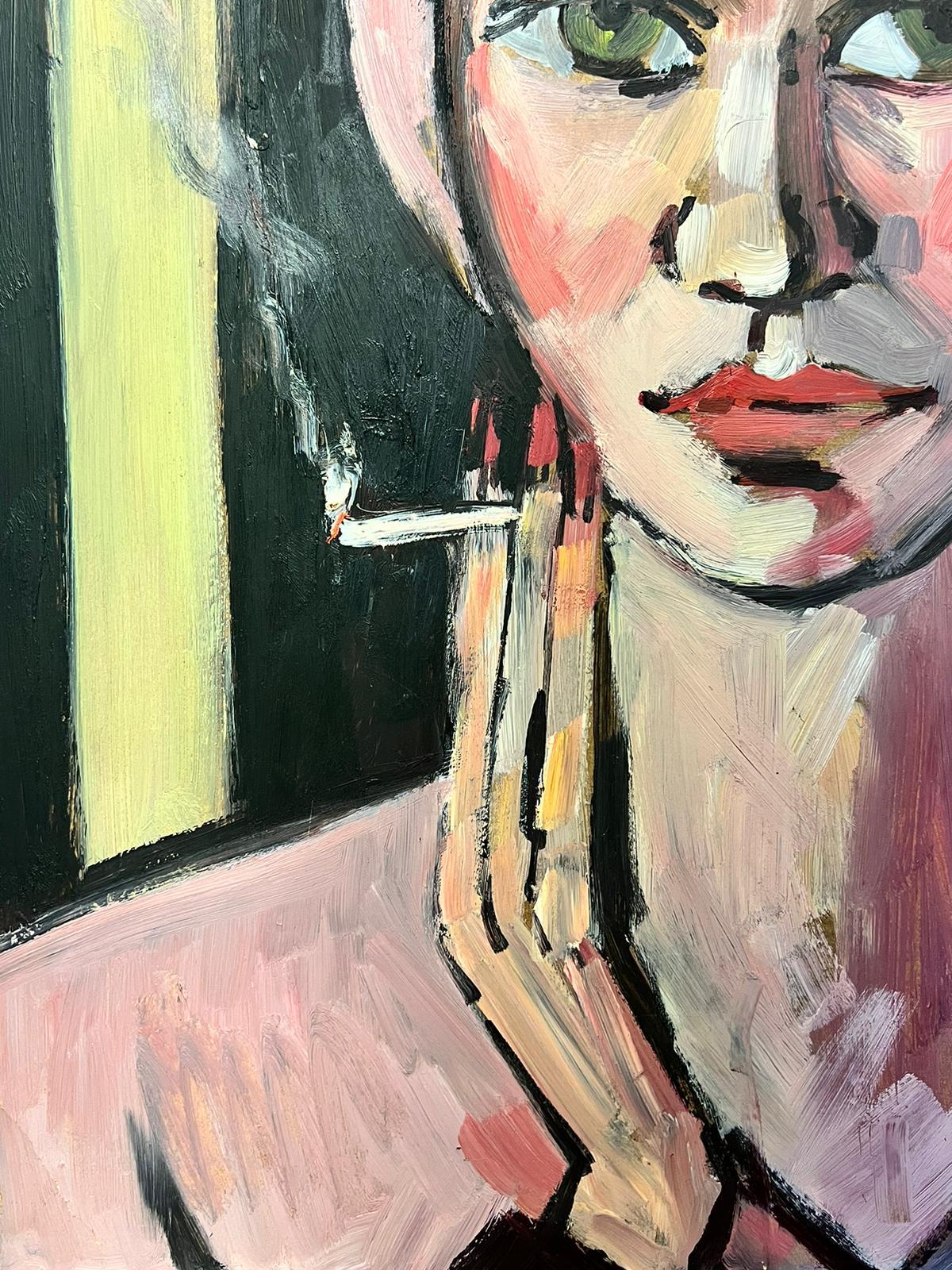 Quadro ad olio Modern British Ritratto di Lady Pink che fuma la sigaretta - Painting Moderno di Peter Collins ARCA