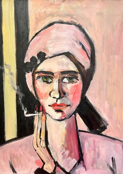 Modern British Oil Painting Portrait of Lady in Pink Smoking Cigarette