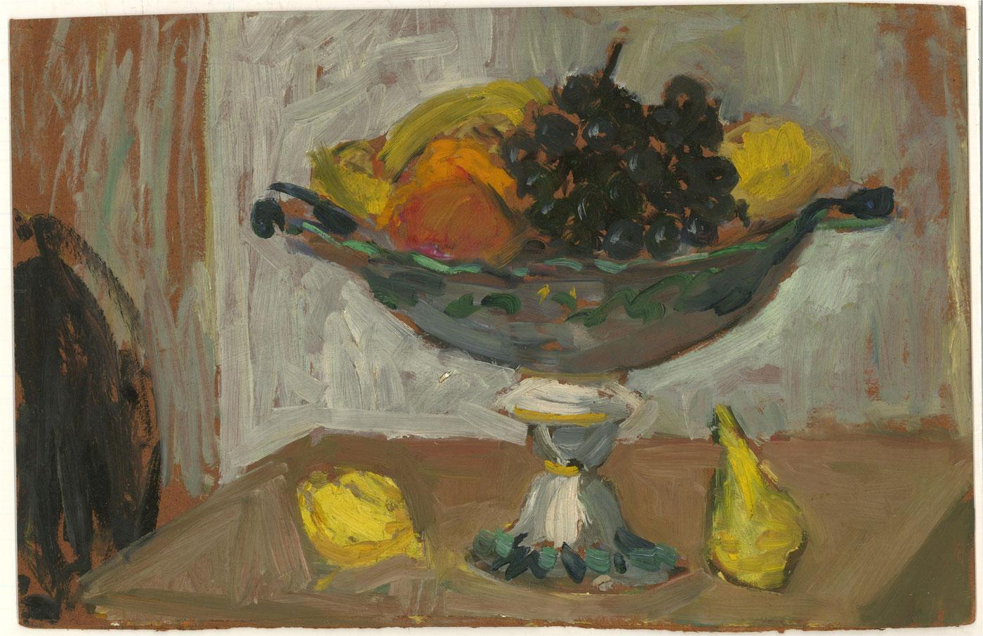 A fine oil painting by the artist Peter Collins, depicting a fruit bowl. Unsigned. There is a faded studio stamp on the reverse. On board.
