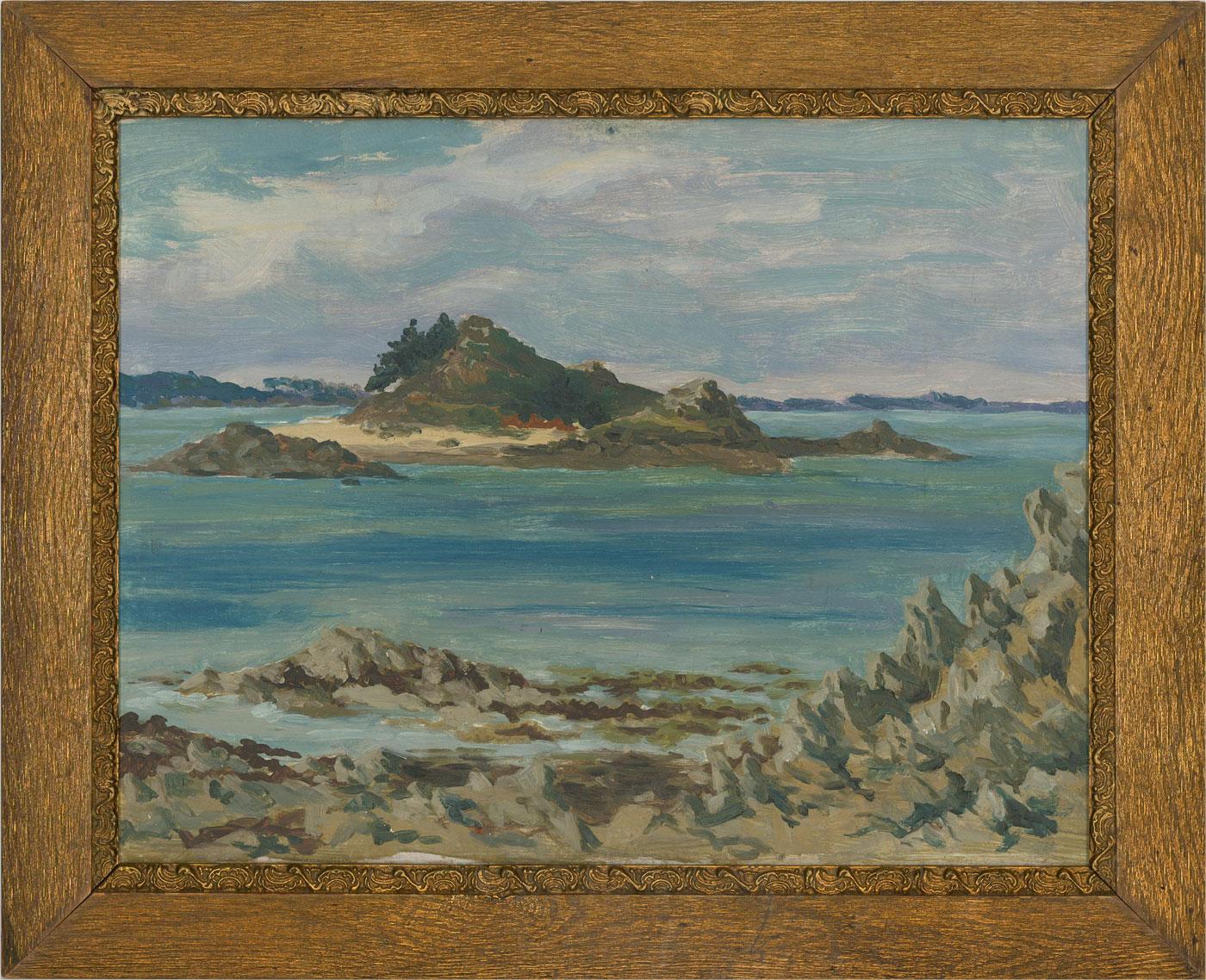 A fine impressionistic oil painting by the artist Peter Collins, depicting an island view. Unsigned. There is an artist's studio stamp on the reverse. Well-presented in an ornate, gilt effect, wooden frame. On board.
