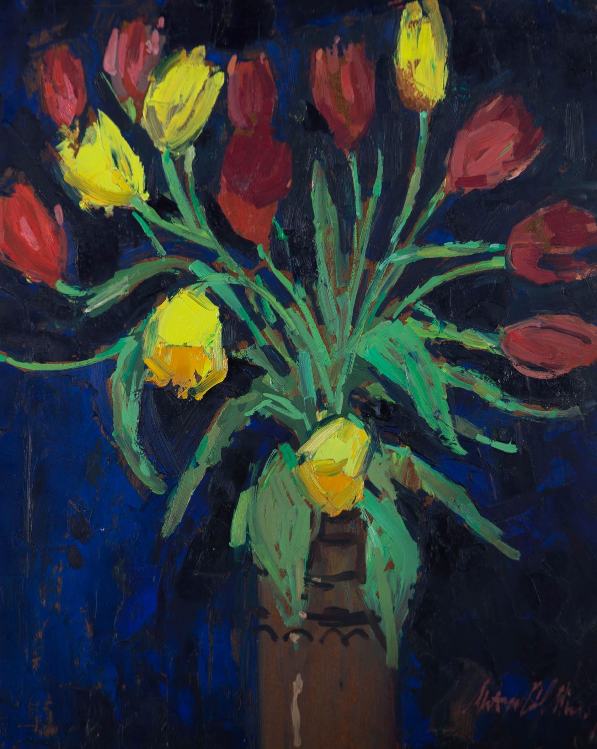A fine impasto oil painting by the artist Peter Collins, depicting a vase with red and yellow tulips. Signed to the lower right-hand corner. Presented in a black and gilt frame, as shown. On board.
