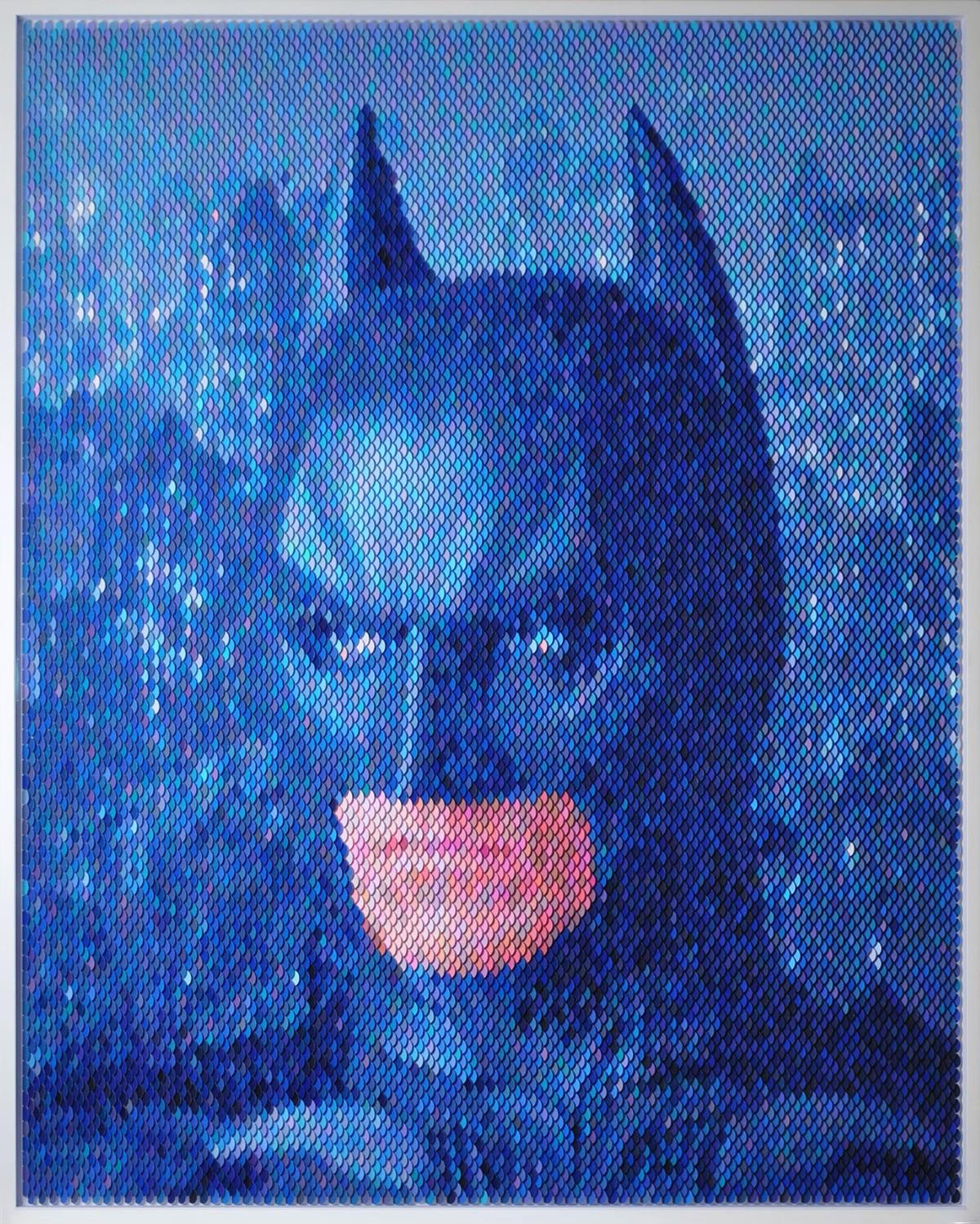 Pop Art, blue “Batman” paint swatches hole cut in museum frame non glare plexi - Mixed Media Art by Peter Combe