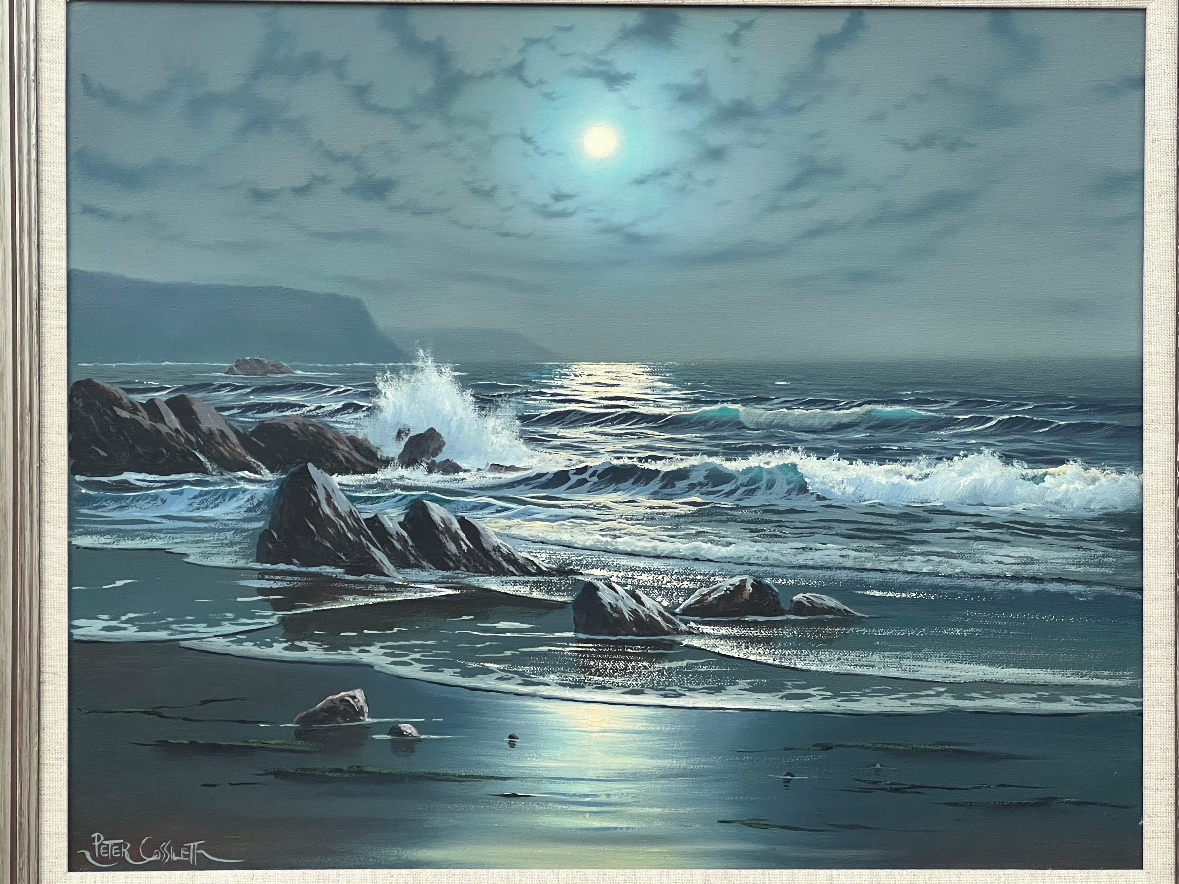Paisaje marino Luz de luna con olas rompiendo Pintura al óleo británica vintage en venta 5