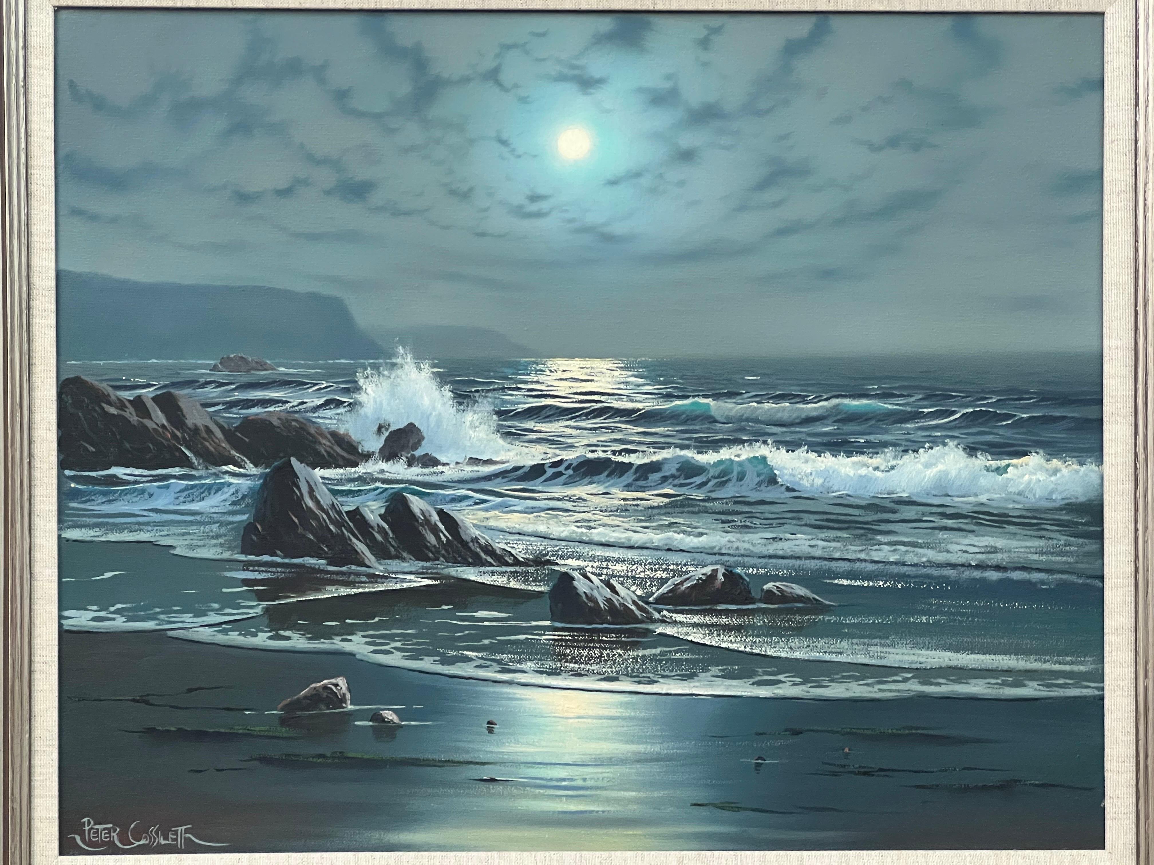 Paisaje marino Luz de luna con olas rompiendo Pintura al óleo británica vintage en venta 6