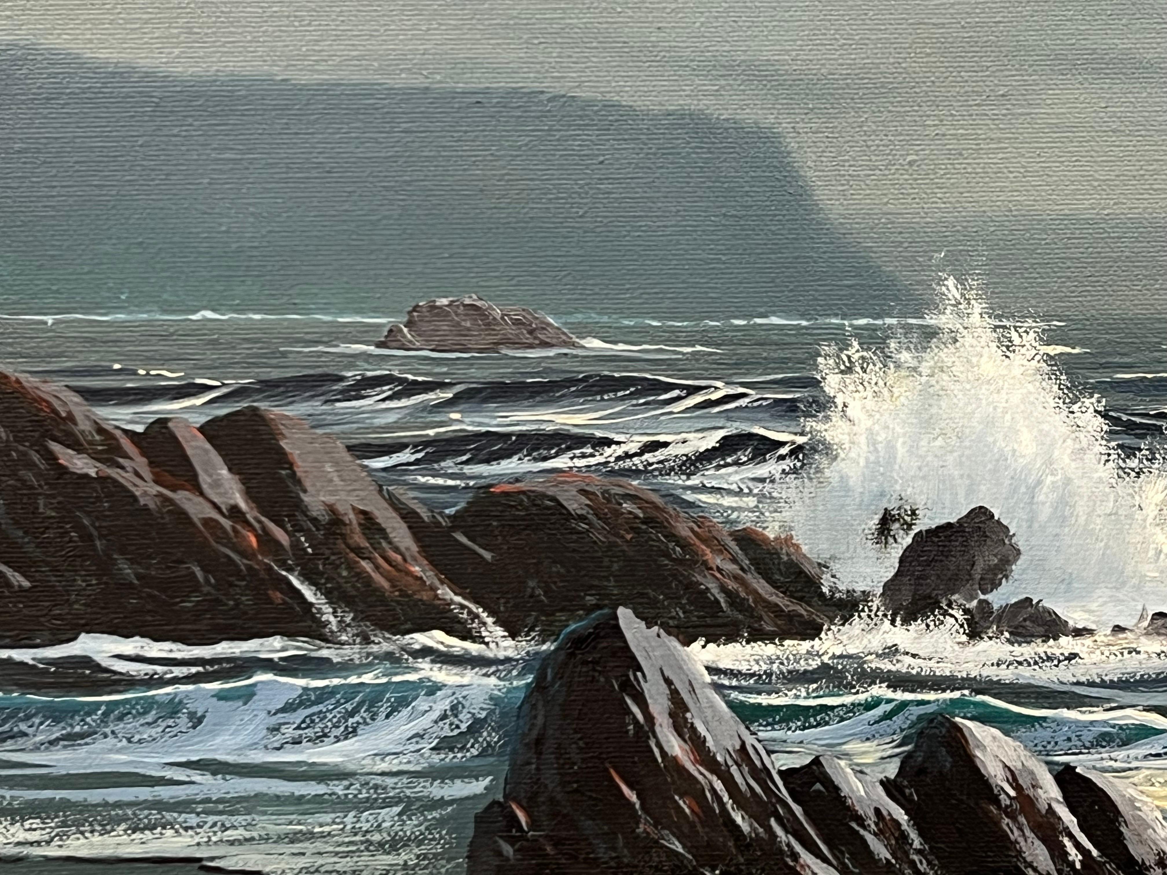 Paisaje marino Luz de luna con olas rompiendo Pintura al óleo británica vintage en venta 8