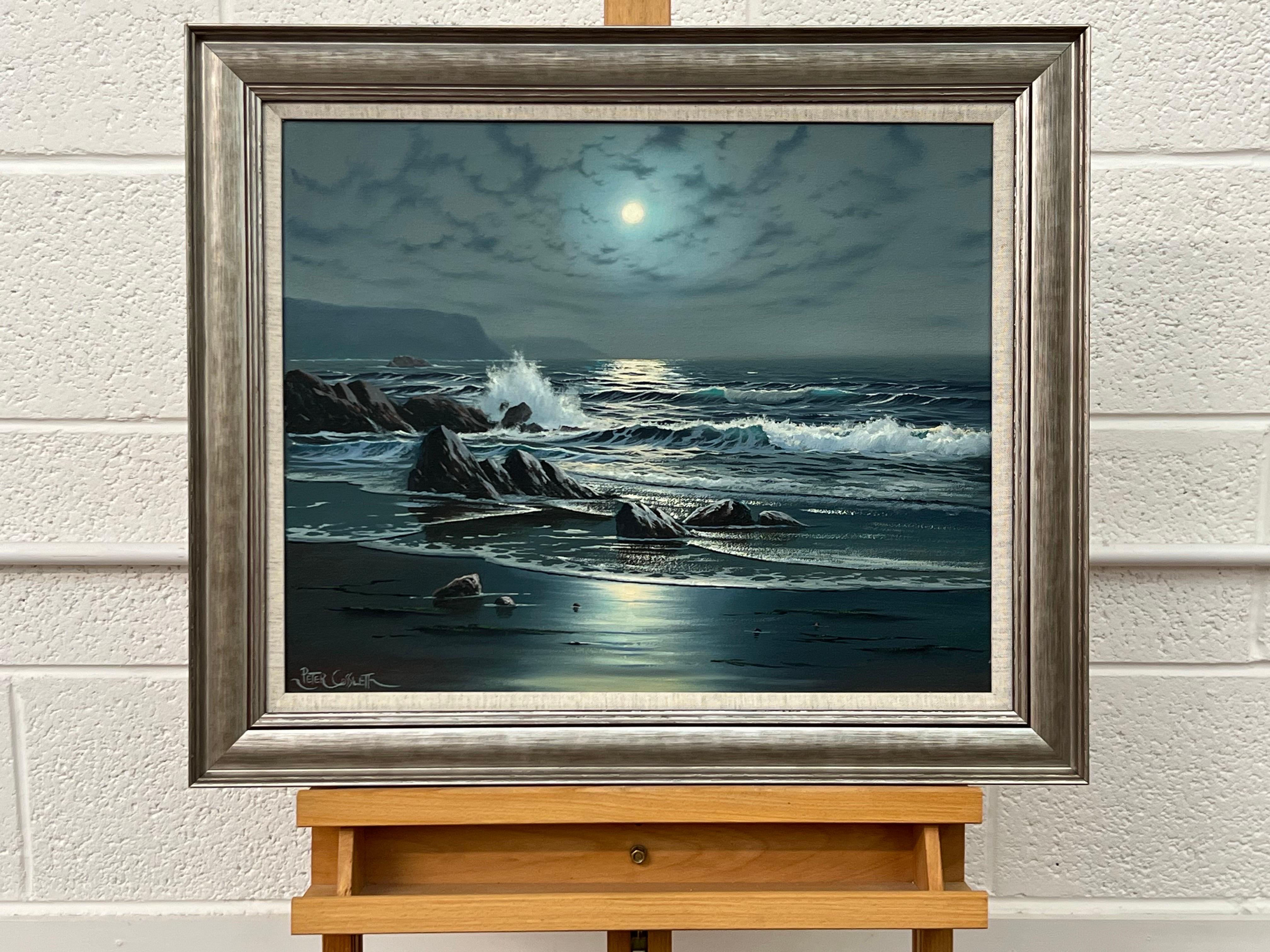 Paisaje marino Luz de luna con olas rompiendo Pintura al óleo británica vintage en venta 9