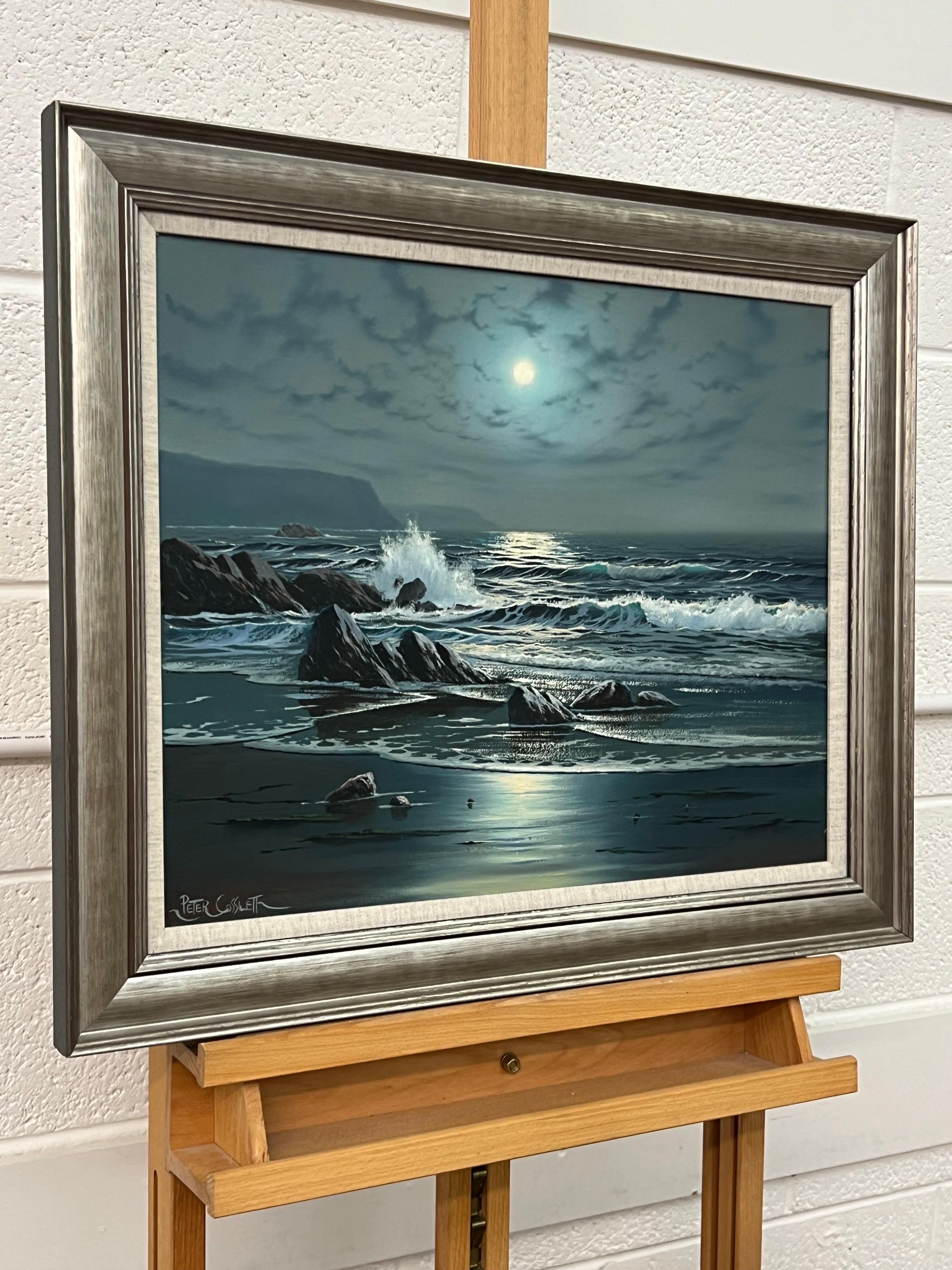 Paisaje marino Luz de luna con olas rompiendo Pintura al óleo británica vintage en venta 10
