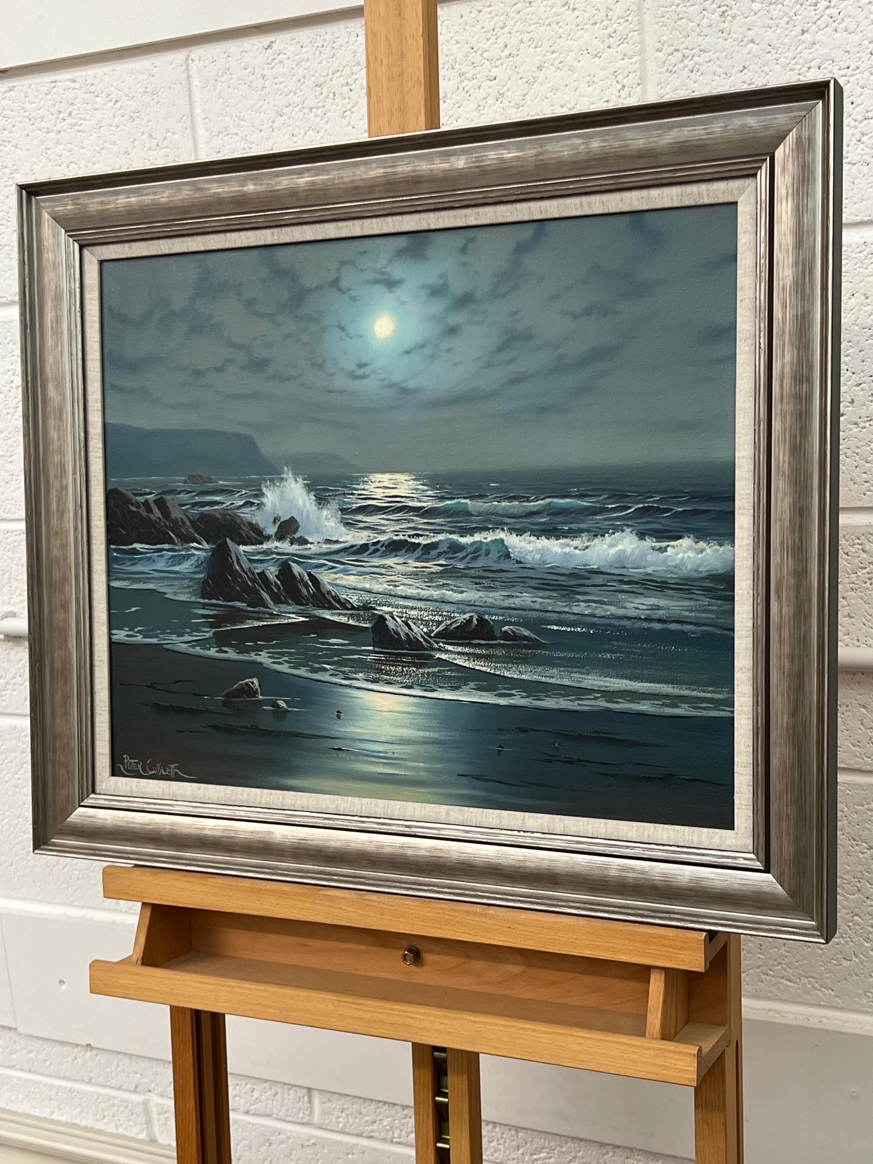 Paisaje marino Luz de luna con olas rompiendo Pintura al óleo británica vintage en venta 11