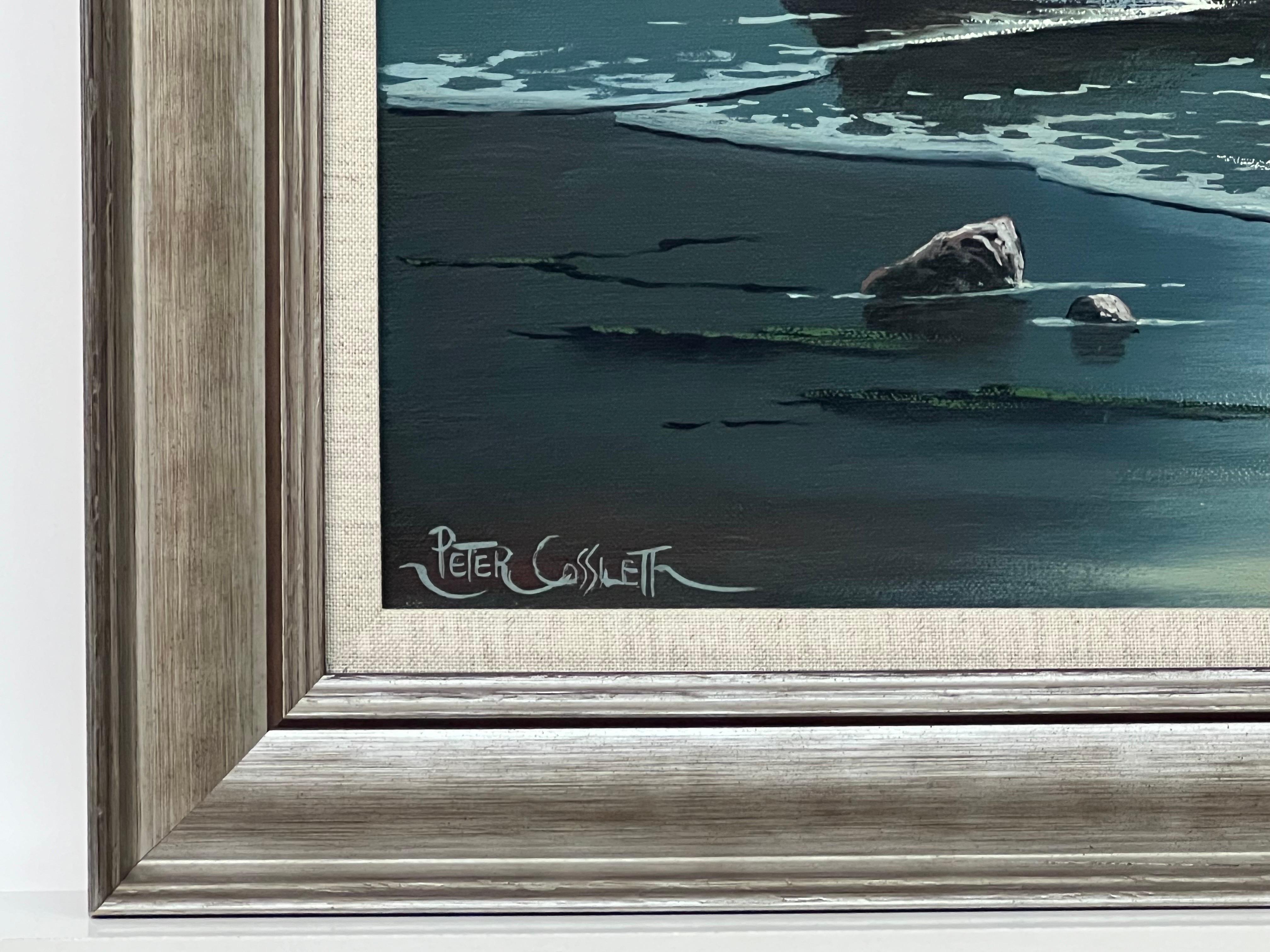 Paisaje marino Luz de luna con olas rompiendo Pintura al óleo británica vintage - Painting de Peter Cosslett