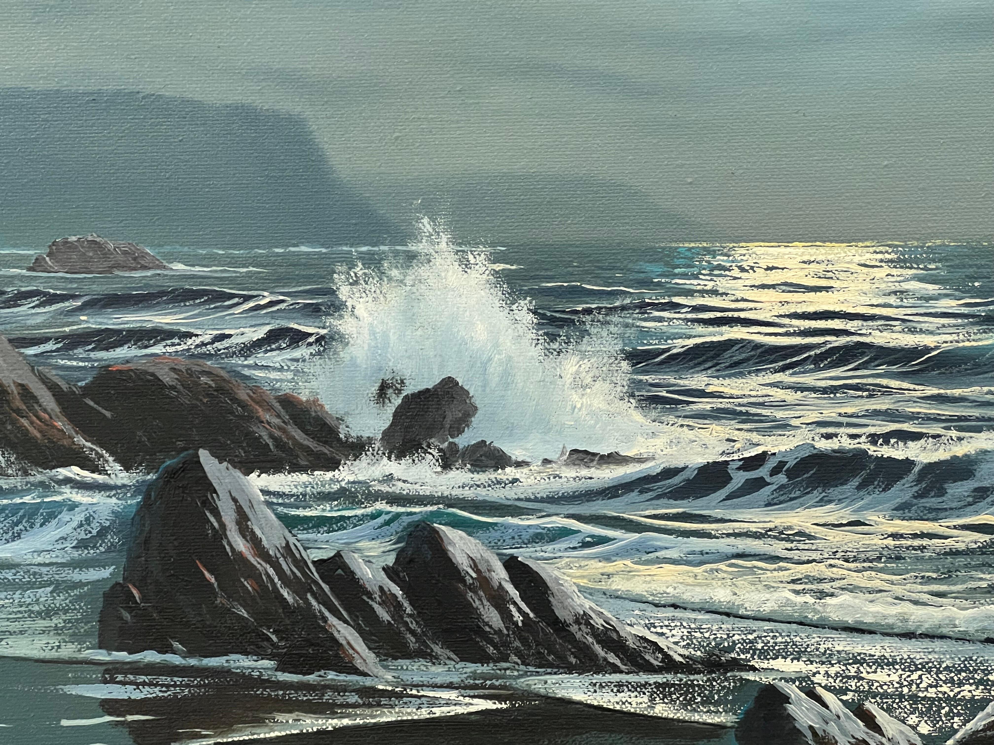 Paisaje marino Luz de luna con olas rompiendo Pintura al óleo británica vintage - Landscape Painting Gris de Peter Cosslett