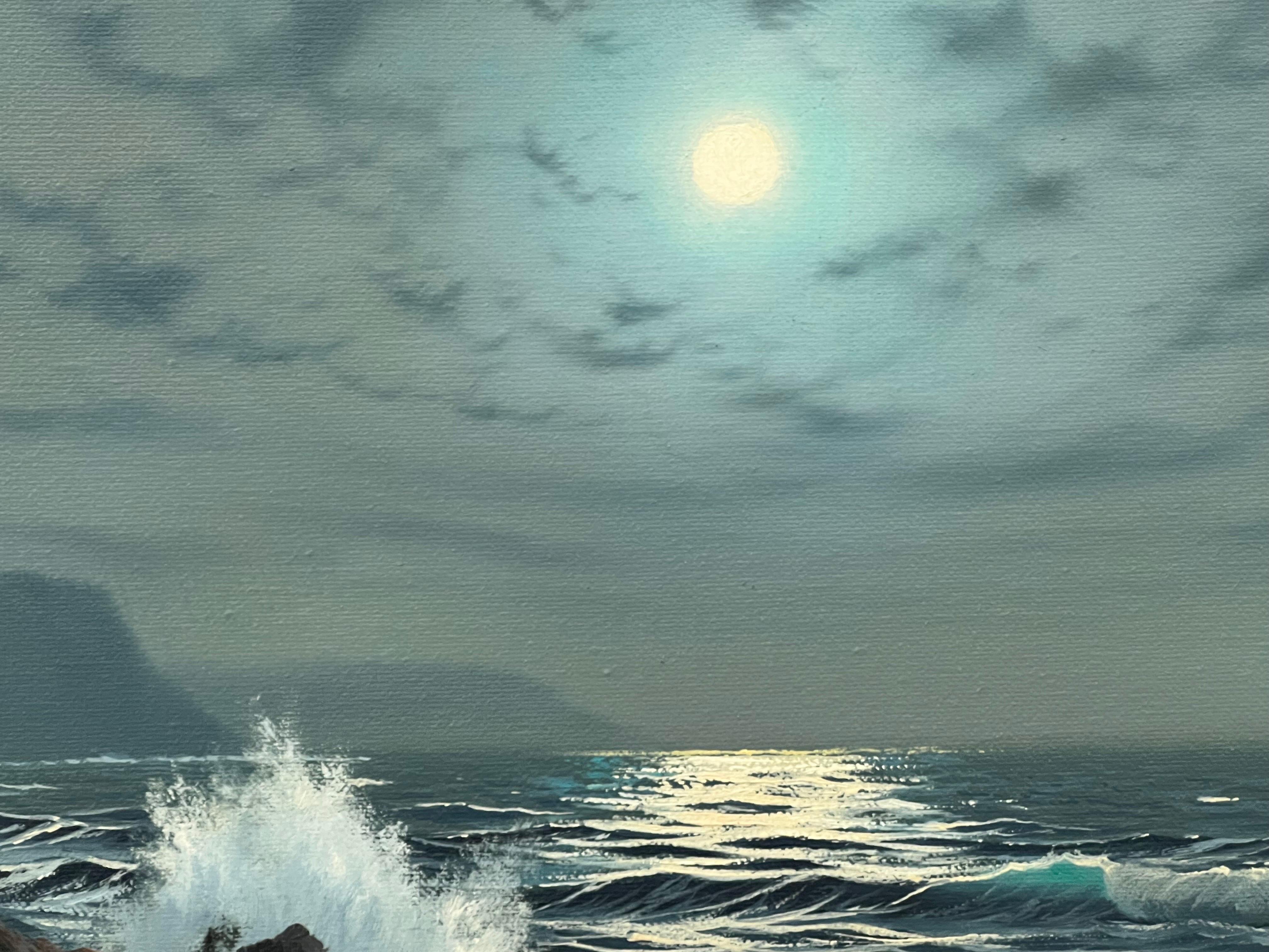 Paisaje marino Luz de luna con olas rompiendo Pintura al óleo británica vintage en venta 1