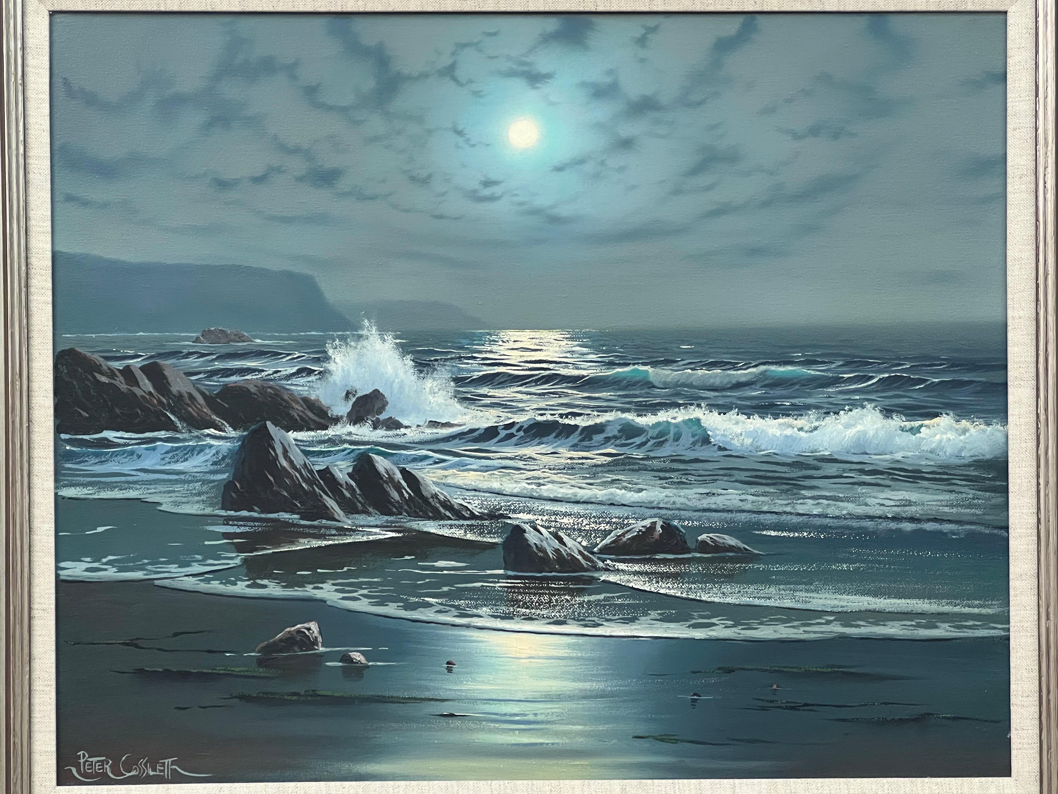 Paisaje marino Luz de luna con olas rompiendo Pintura al óleo británica vintage en venta 3