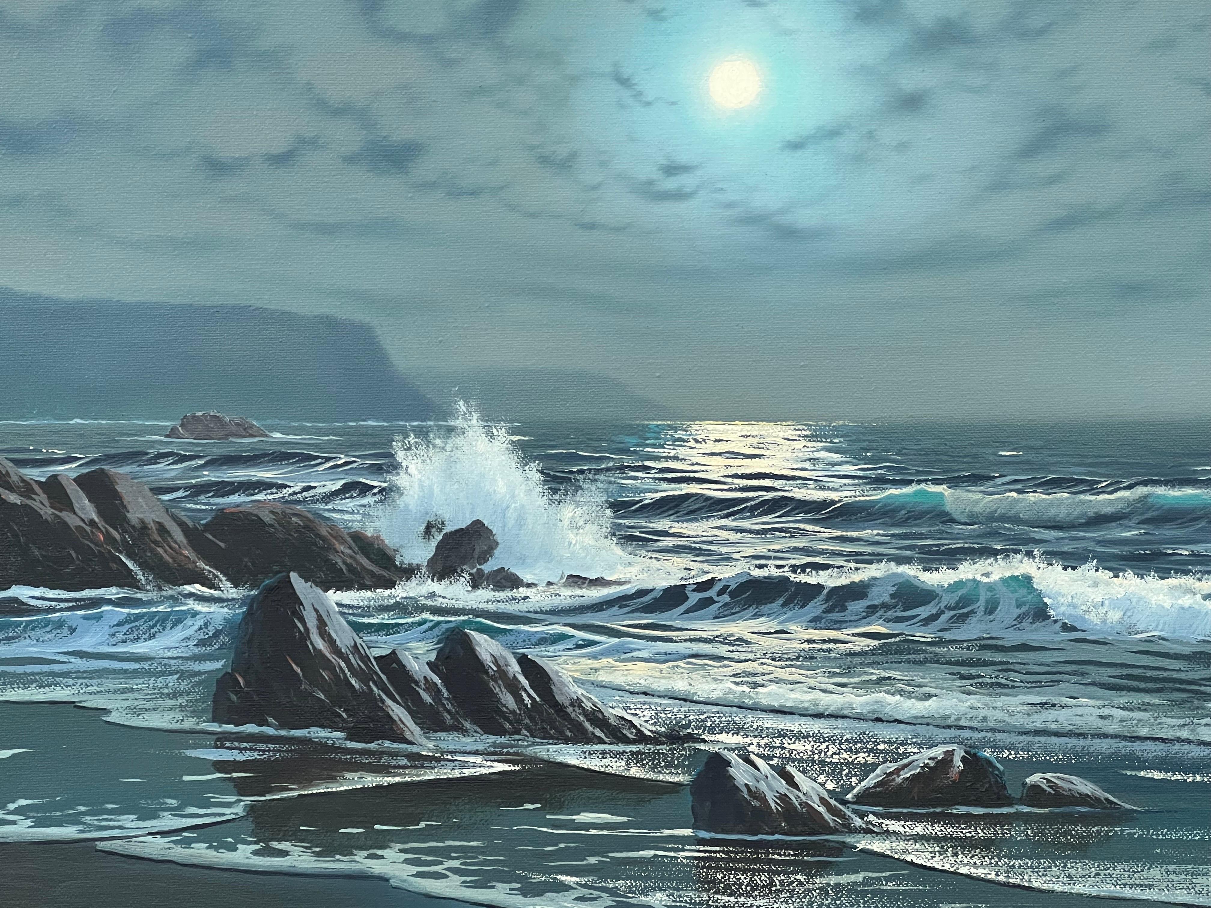 Paisaje marino Luz de luna con olas rompiendo Pintura al óleo británica vintage en venta 4