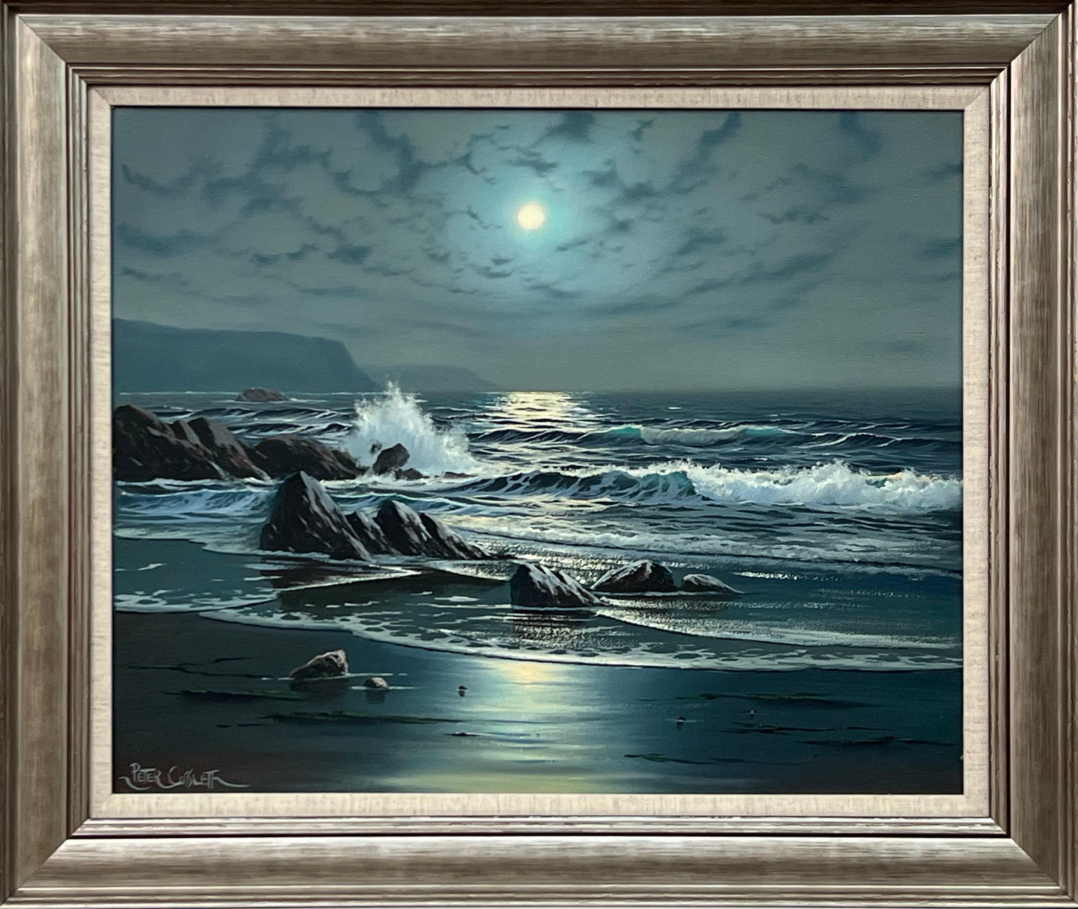 Landscape Painting de Peter Cosslett - Paisaje marino Luz de luna con olas rompiendo Pintura al óleo británica vintage