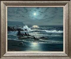 Seascape Moonlight with Crashing Waves Vintage British Oil Painting