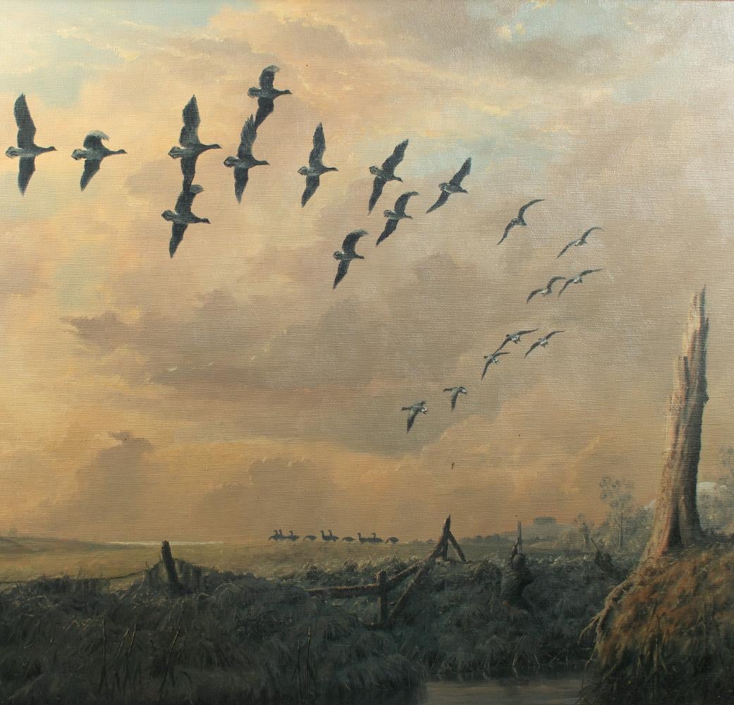 Peter Coulthard (nato nel 1949), Tiro alle oche nel Fens, firmato, olio su tela.  

Incorniciato in una cornice contemporanea con bordi dorati, dimensioni del quadro: 46 cm x 61 cm, dimensioni della cornice: 67,5 cm x 52 cm.

La tela e la cornice