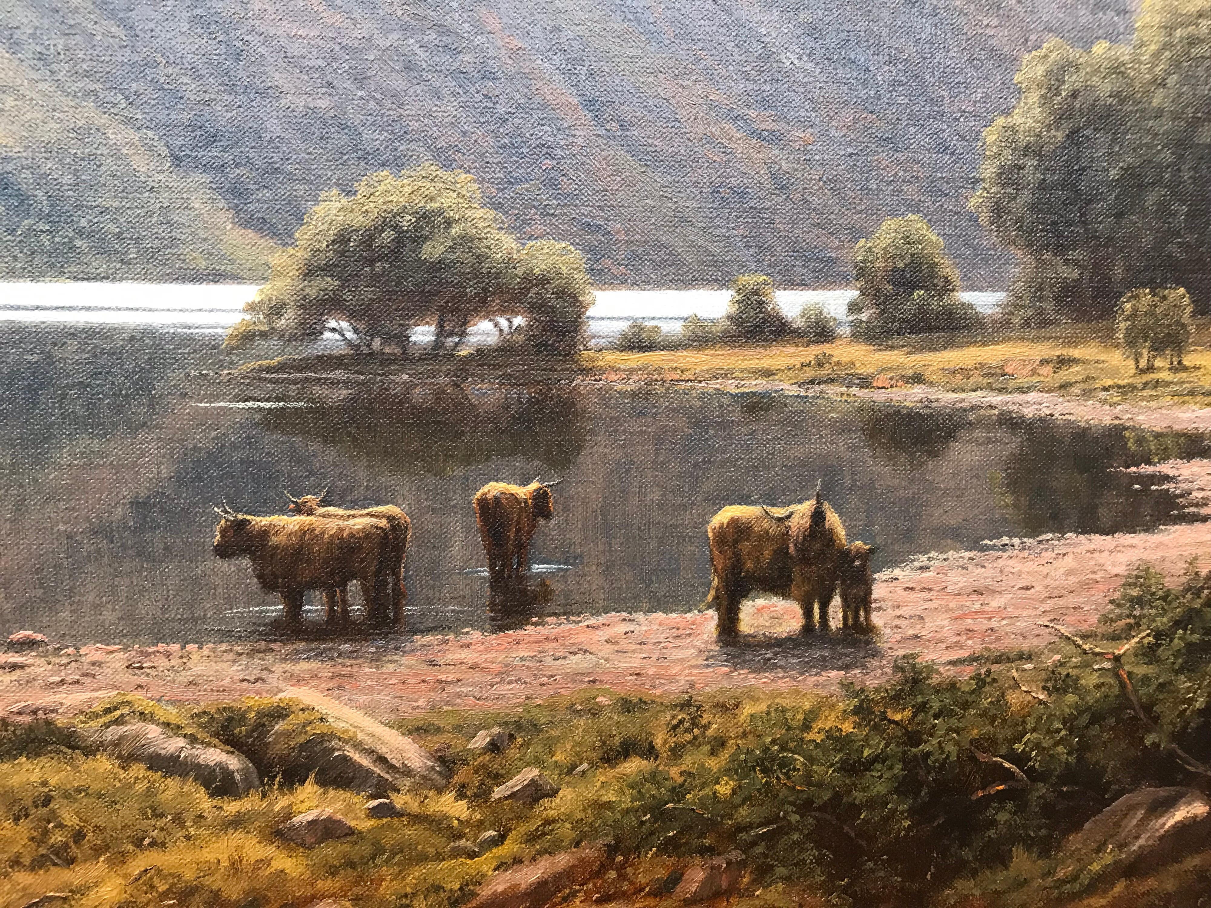 Large Mountain Landscape Painting with Highland Cows at Loch Lomond in Scotland 1