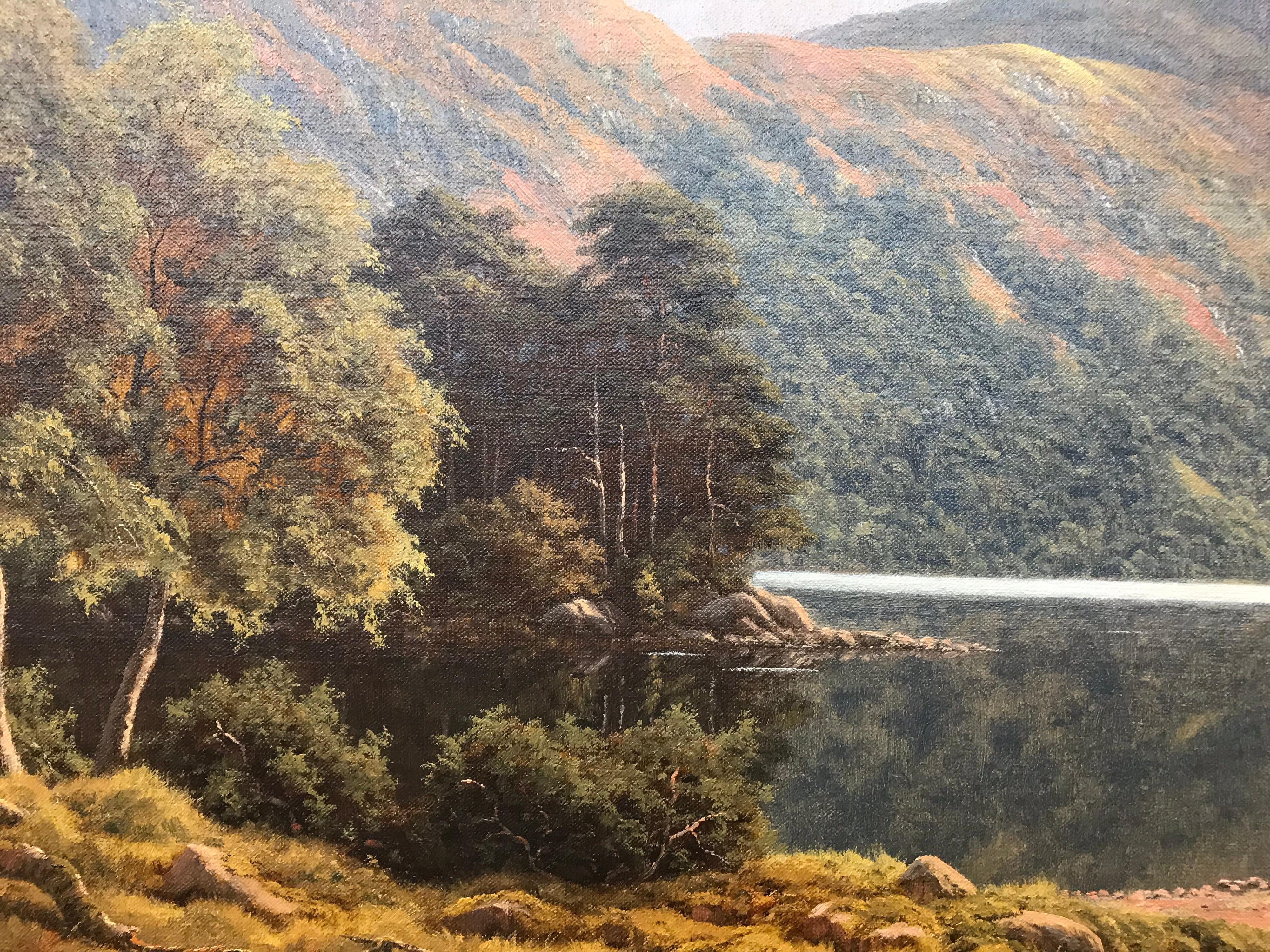 Large Mountain Landscape Painting with Highland Cows at Loch Lomond in Scotland 2