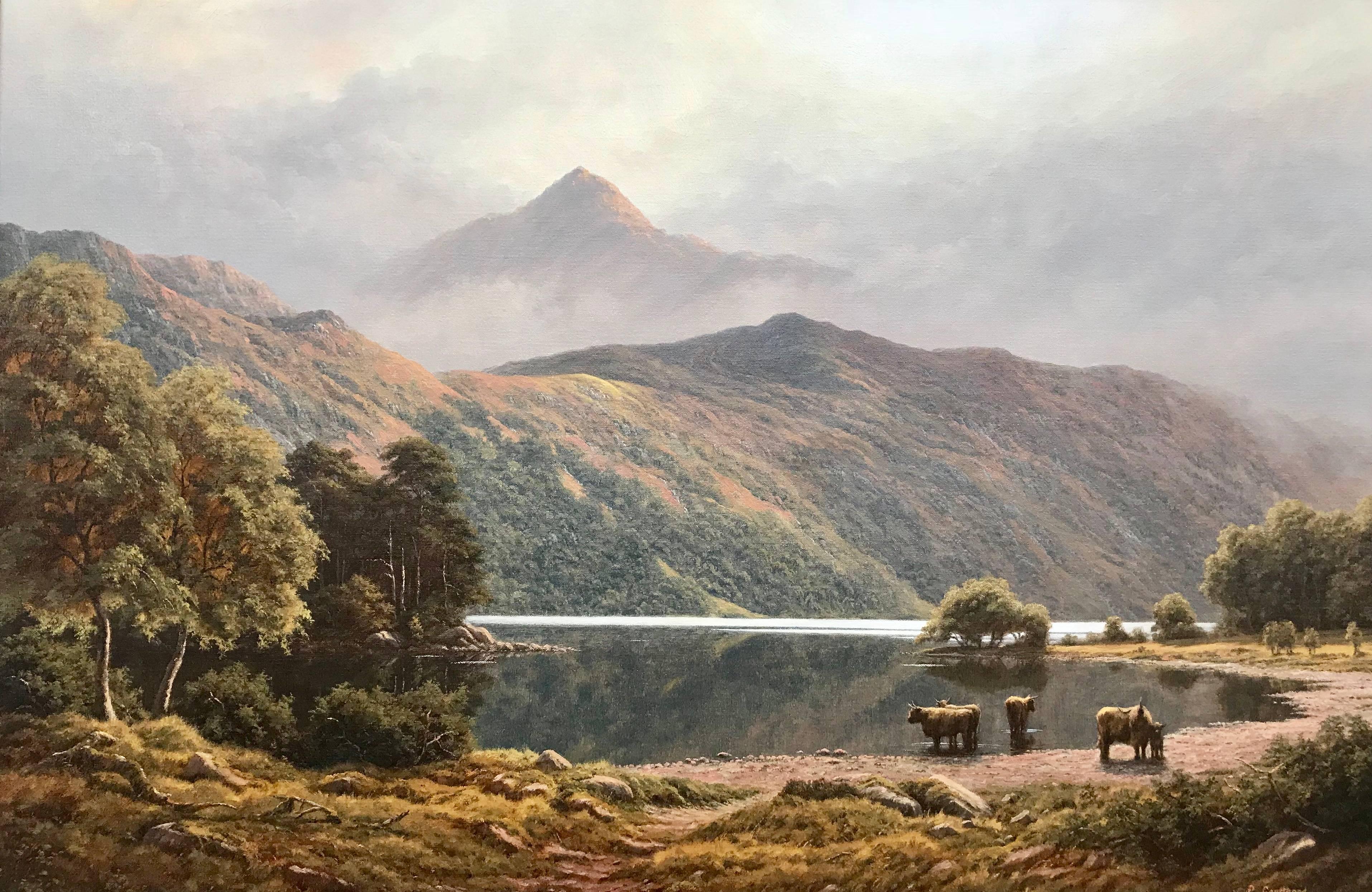 A large original painting by Peter Coulthard of Ben Lomond in Scotland with Highland Cows by the water's edge at Loch Lomond. This is largest known painting from Peter Coulthard on the market. 

Art measures 36 x 24 inches
Frame measures 44 x 32