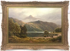 Large Mountain Landscape Painting with Highland Cows at Loch Lomond in Scotland