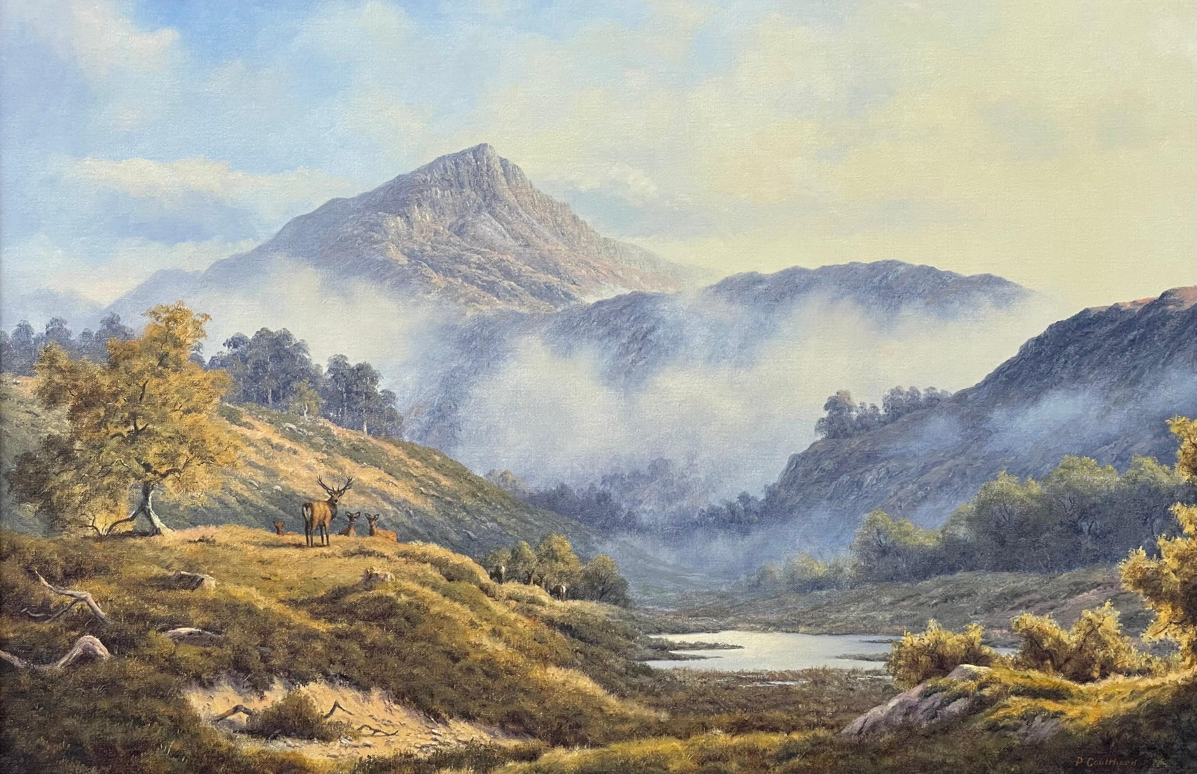Wilde Hirsche im Morgennebel im schottischen Hochlandwald von Modern British Artist im Angebot 1
