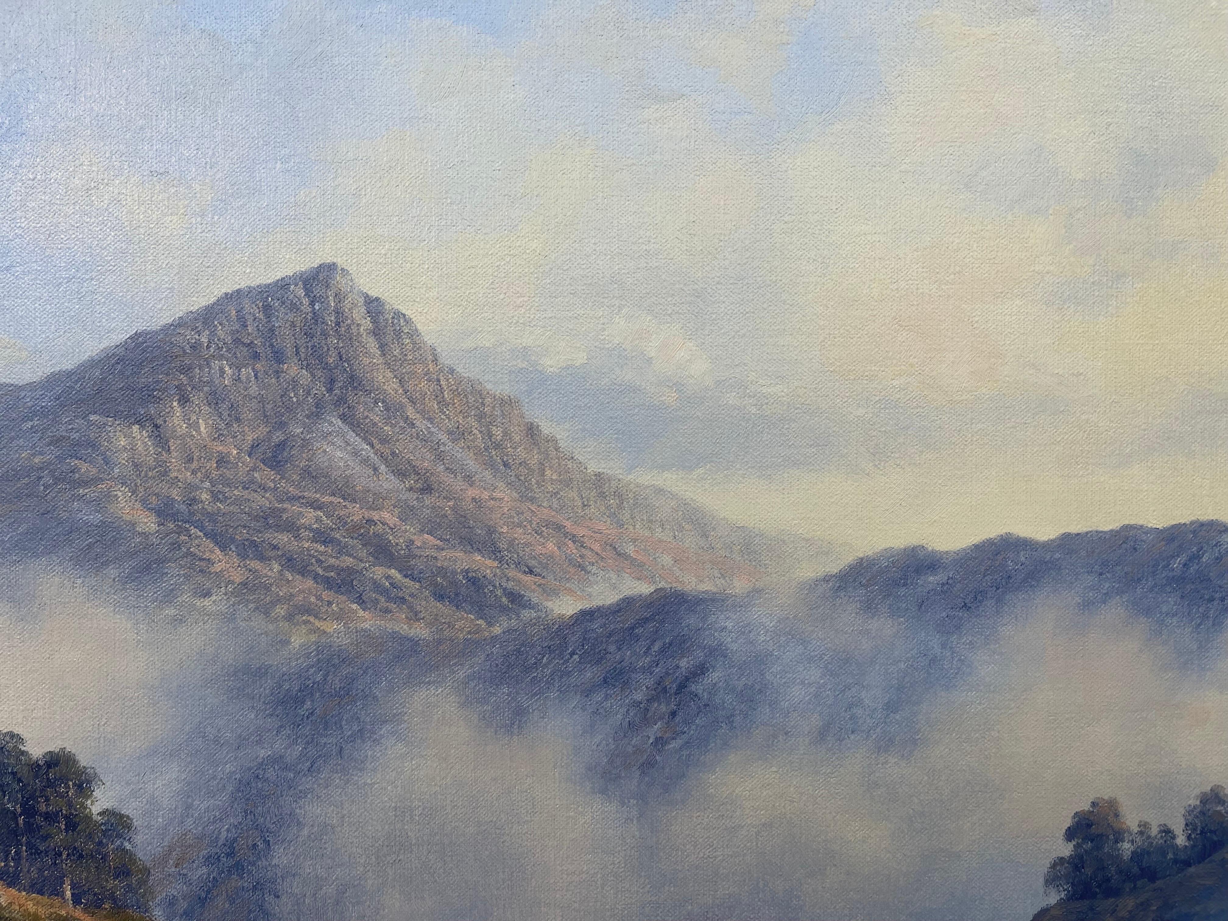 Cerf sauvage dans la brume du matin dans la forêt des Highlands écossais par un artiste The Modern Britishs en vente 4