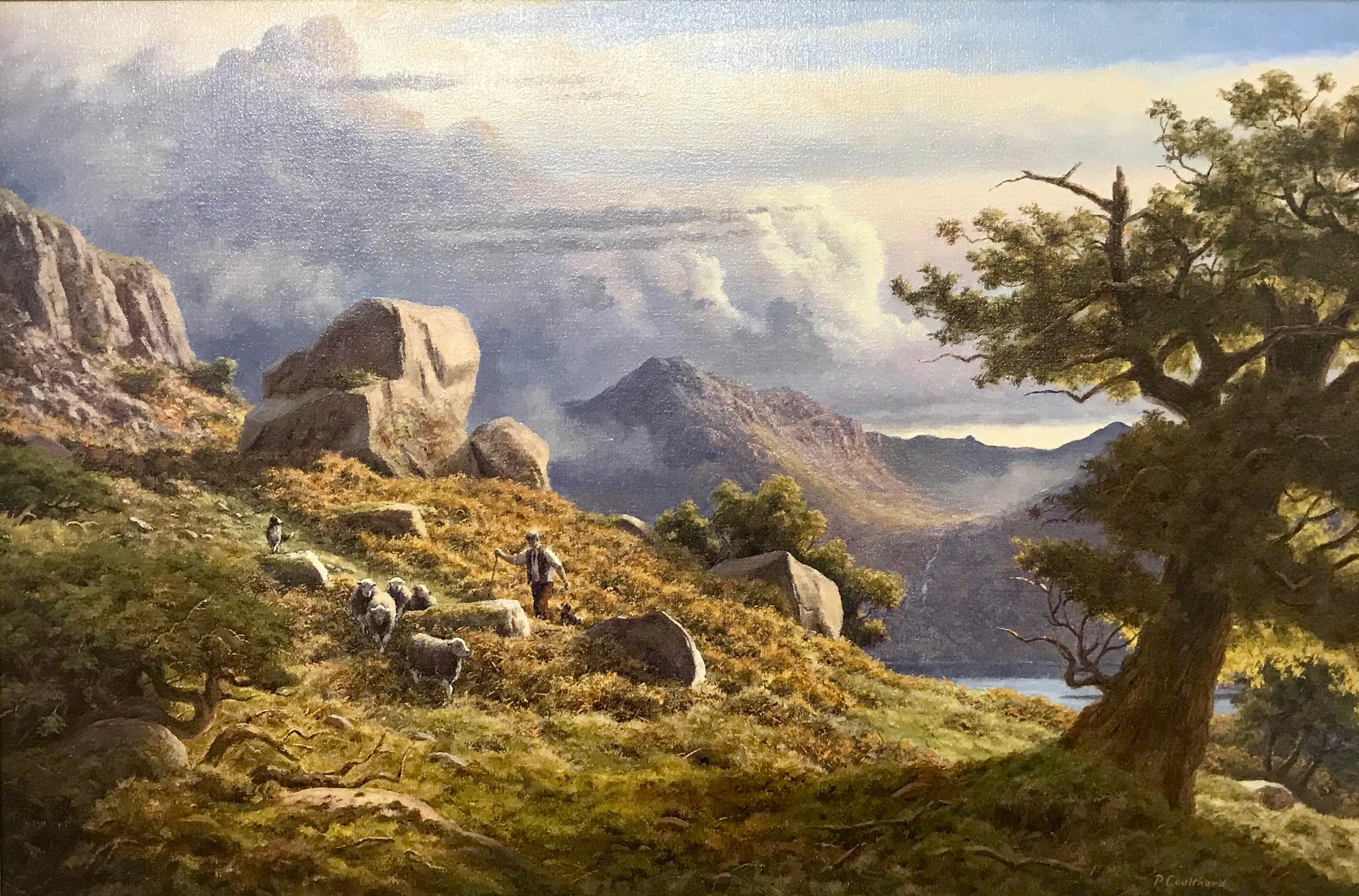 Une peinture à l'huile originale unique de Peter Coulthard représentant un mouton, un chien et un berger dans le Lake District, en Angleterre. Intitulé 